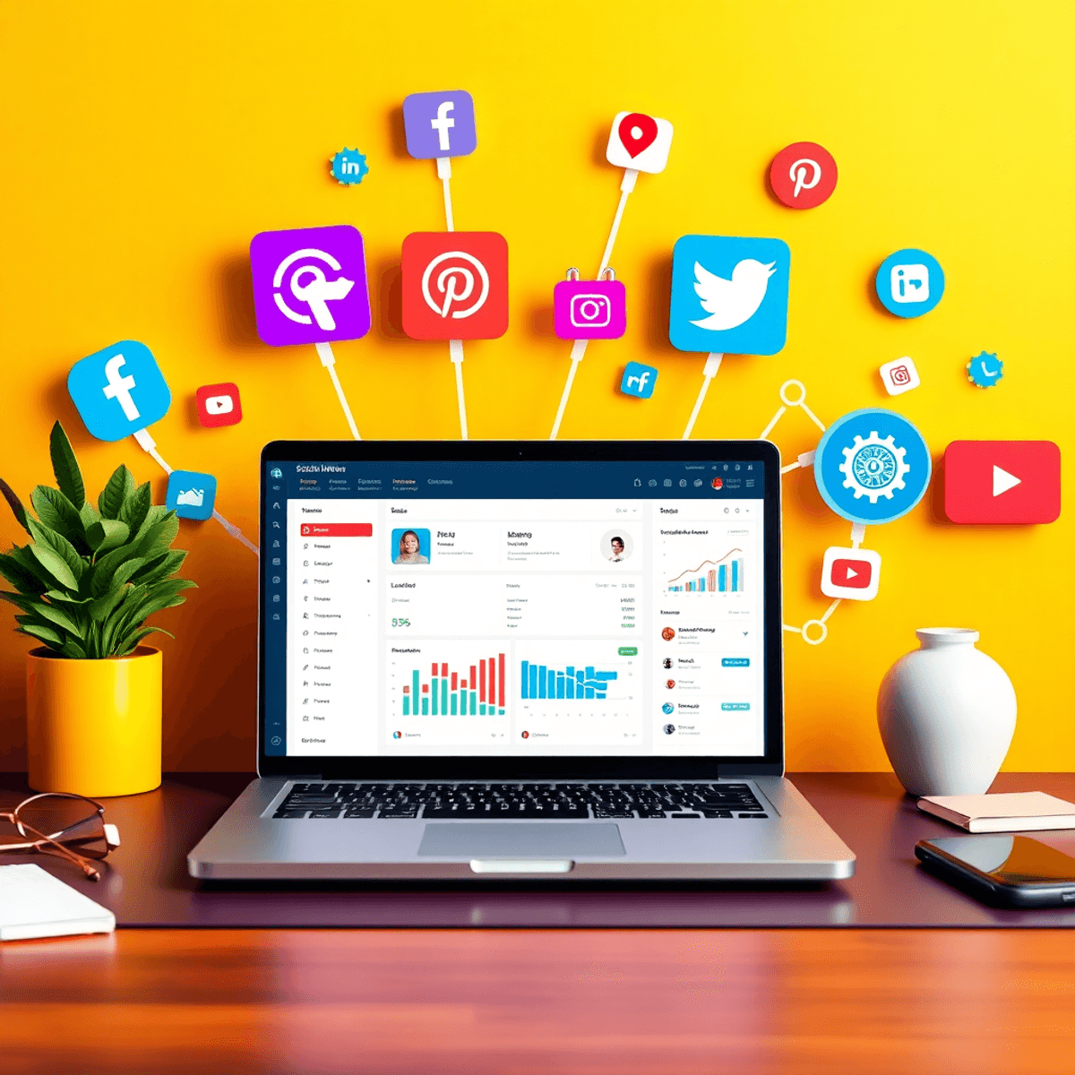 A modern workspace with an open laptop displaying a social media dashboard, surrounded by colorful social media icons and elements symbolizing automation and analytics.