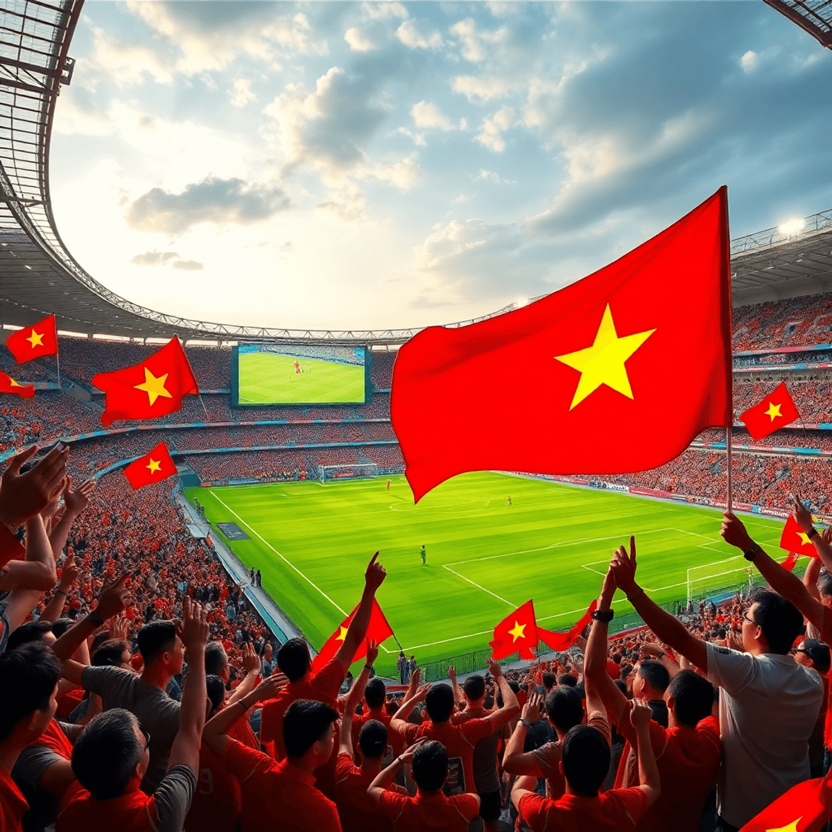 Giới thiệu các highlight bóng đá Caheo TV: Những khoảnh khắc không thể bỏ lỡ Một sân vận động bóng đá nhộn nhịp đầy ắp những cổ động viên nhiệt tình vẫy cờ, một màn hình lớn hiển thị các điểm nổi bật của trận đấu, ghi lại năng lượng sôi động của văn hóa bóng đá trực tiếp.