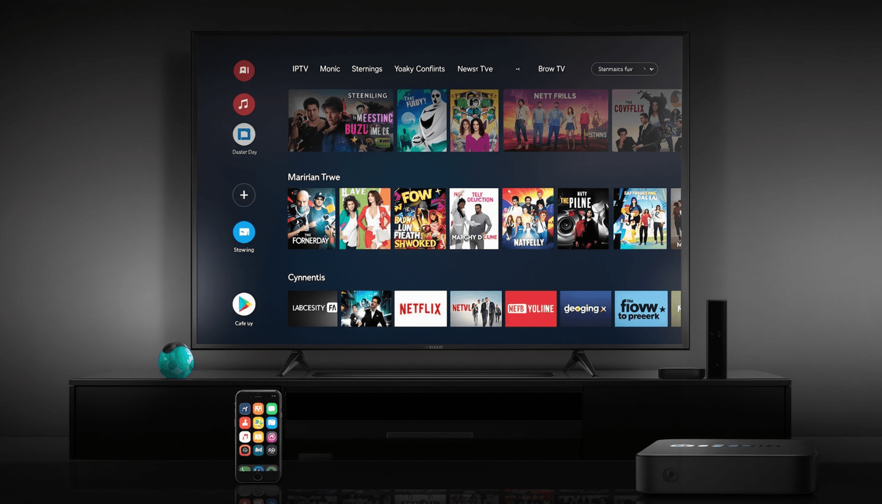 Best IPTV Service – Top Streaming Quality & Channels 2025 1 Modern living room with sleek smart TV showing vibrant streaming icons, surrounded by smartphone, tablet, and streaming box, illustrating IPTV technology.