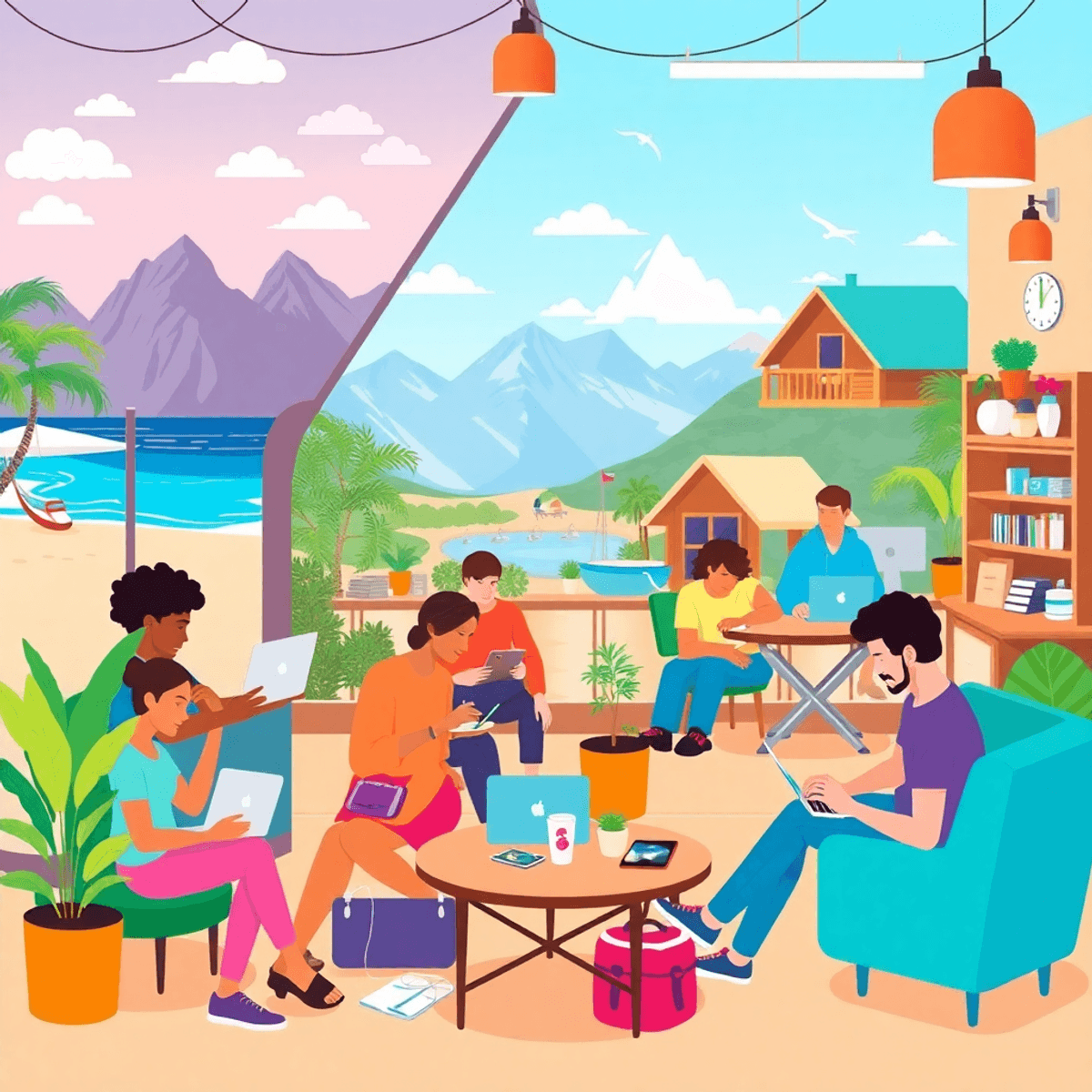 A colorful digital artwork featuring a group of remote workers in scenic locations like a beach cafe, mountain cabin, and coworking space, surrounded by laptops and coffee cups.