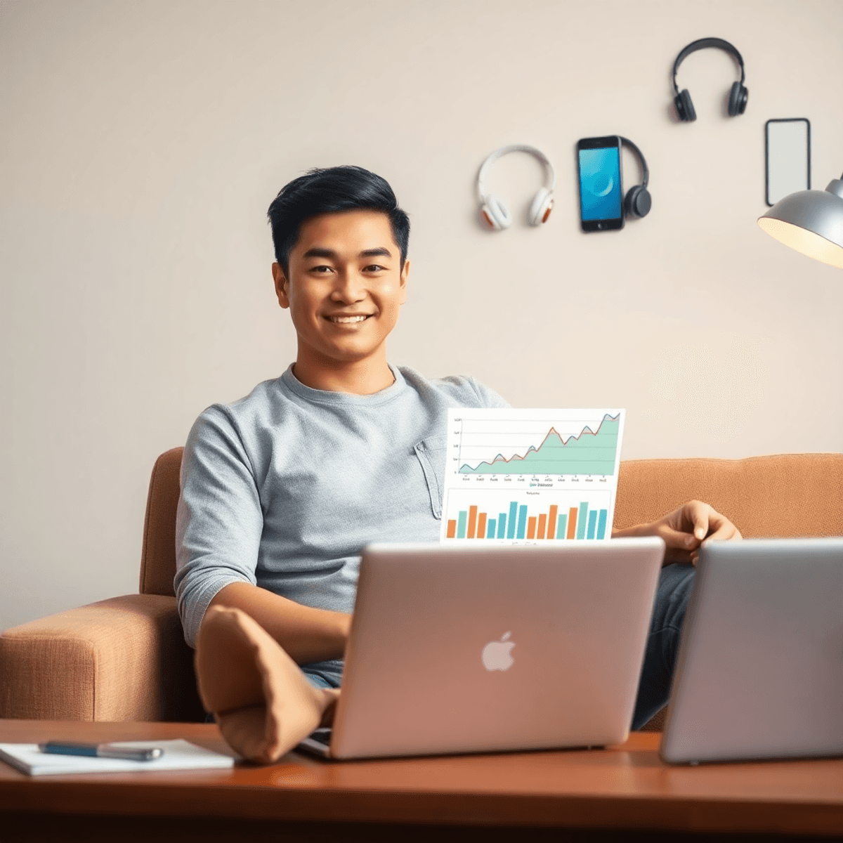 A person sitting at a desk with a laptop showing a graph, surrounded by modern tech like a smartphone and headphones, conveying a positive mood about digital consumption.