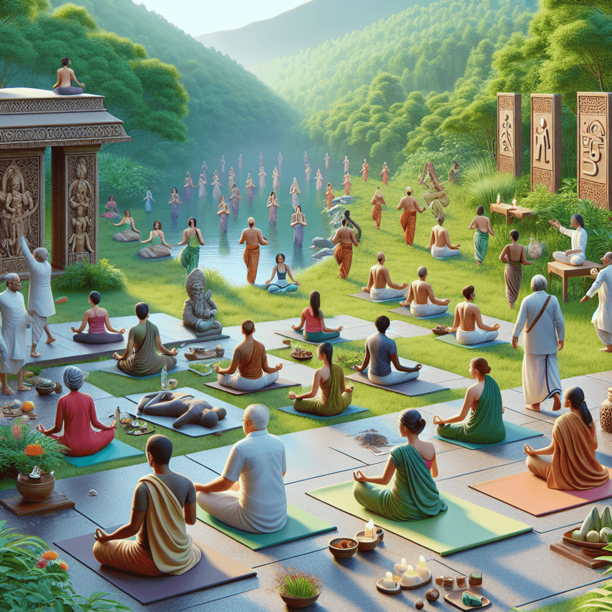 Transform Your Hospital's Future with Disha Arogya Dham 4 एक शांत आयुर्वेदिक कल्याण रिट्रीट का दृश्य जिसमें विभिन्न नस्लों के लोग, जैसे काकेशियन, एशियाई और हिस्पैनिक, स्वास्थ्य संबंधी गतिविधियों में सक्रिय रूप से भाग ले रहे हैं। योग सत्र चल रहे हैं और लोग हर्बल उपचार प्राप्त कर रहे हैं। चारों ओर हरियाली है और पारंपरिक आयुर्वेदिक प्रतीक इस प्रथा की अखंडता को दर्शाते हैं।