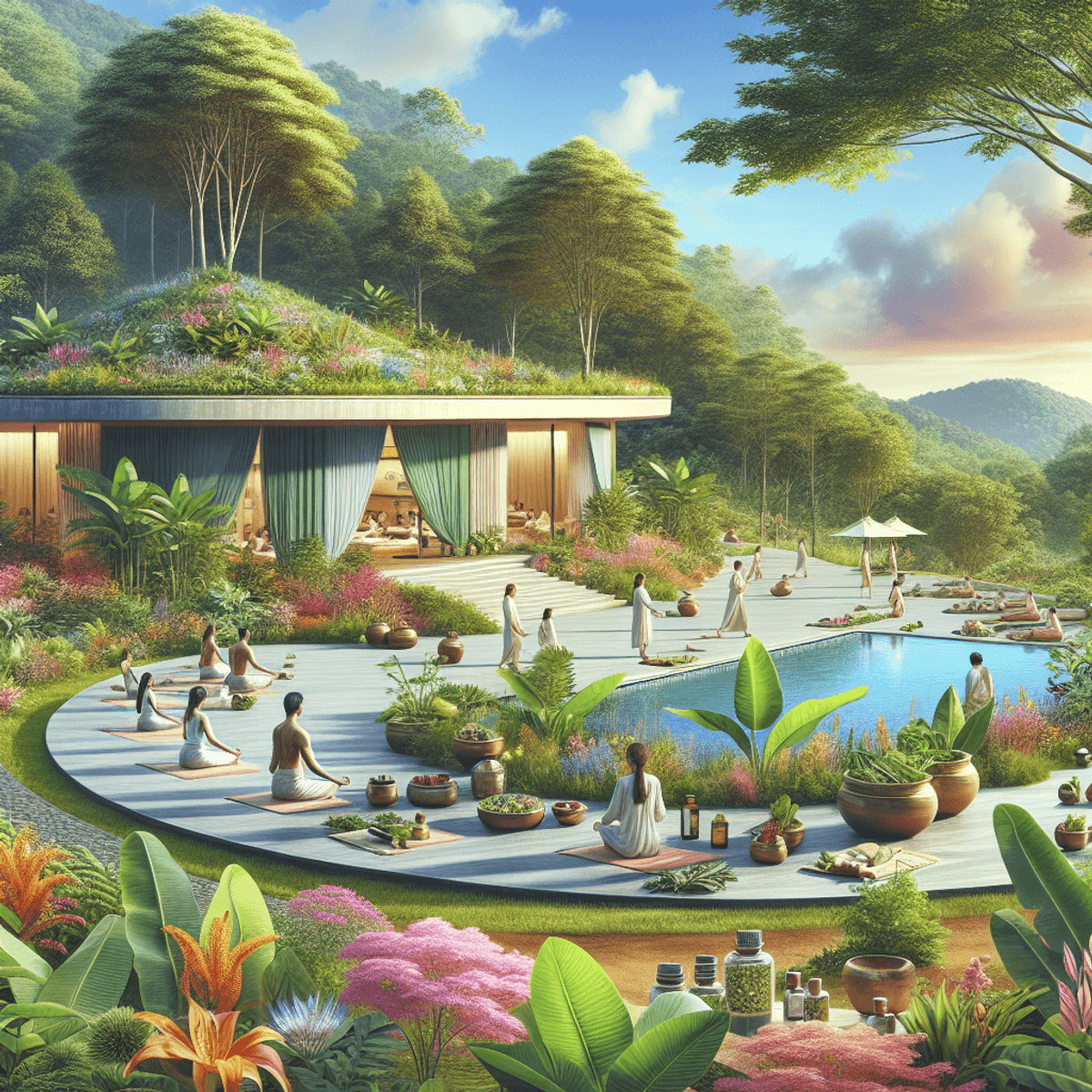 Transform Your Hospital's Future with Disha Arogya Dham 2 एक शांतिपूर्ण आयुर्वेदिक और प्राकृतिक चिकित्सा से प्रेरित वेलनेस सेंटर का दृश्य, जिसमें हरे-भरे प्राकृतिक परिवेश के बीच एक समूह लोग योग या ध्यान कर रहे हैं। इसमें काकेशियन और एशियाई मूल के लोग शामिल हैं। चारों ओर औषधीय पौधे, जीवंत फूल और पत्तियाँ हैं जो आयुर्वेद से संबंधित हैं। आसमान साफ़ है, जिससे वेलनेस सेंटर का शांति भरा माहौल बढ़ता है।