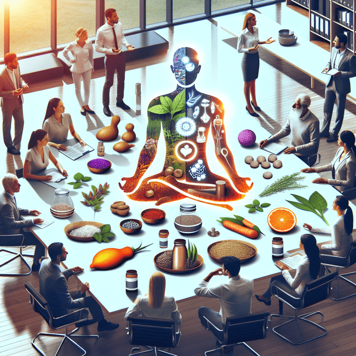 Transform Your Hospital's Future with Disha Arogya Dham 3 एक आधुनिक कार्यालय में एक विविध समूह के लोग एक व्यवसायिक बैठक में भाग ले रहे हैं। बैठक में एक काकेशियन महिला और एक एशियाई पुरुष चर्चा में लगे हुए हैं। उनके बीच एक मेज है, जो स्वास्थ्य और कल्याण के विभिन्न संकेतकों से सजी हुई है, जैसे आयुर्वेदिक जड़ी-बूटियाँ और कल्याण से संबंधित उत्पाद, जो स्वास्थ्य उद्योग में फ्रैंचाइजिंग का संकेत देते हैं।