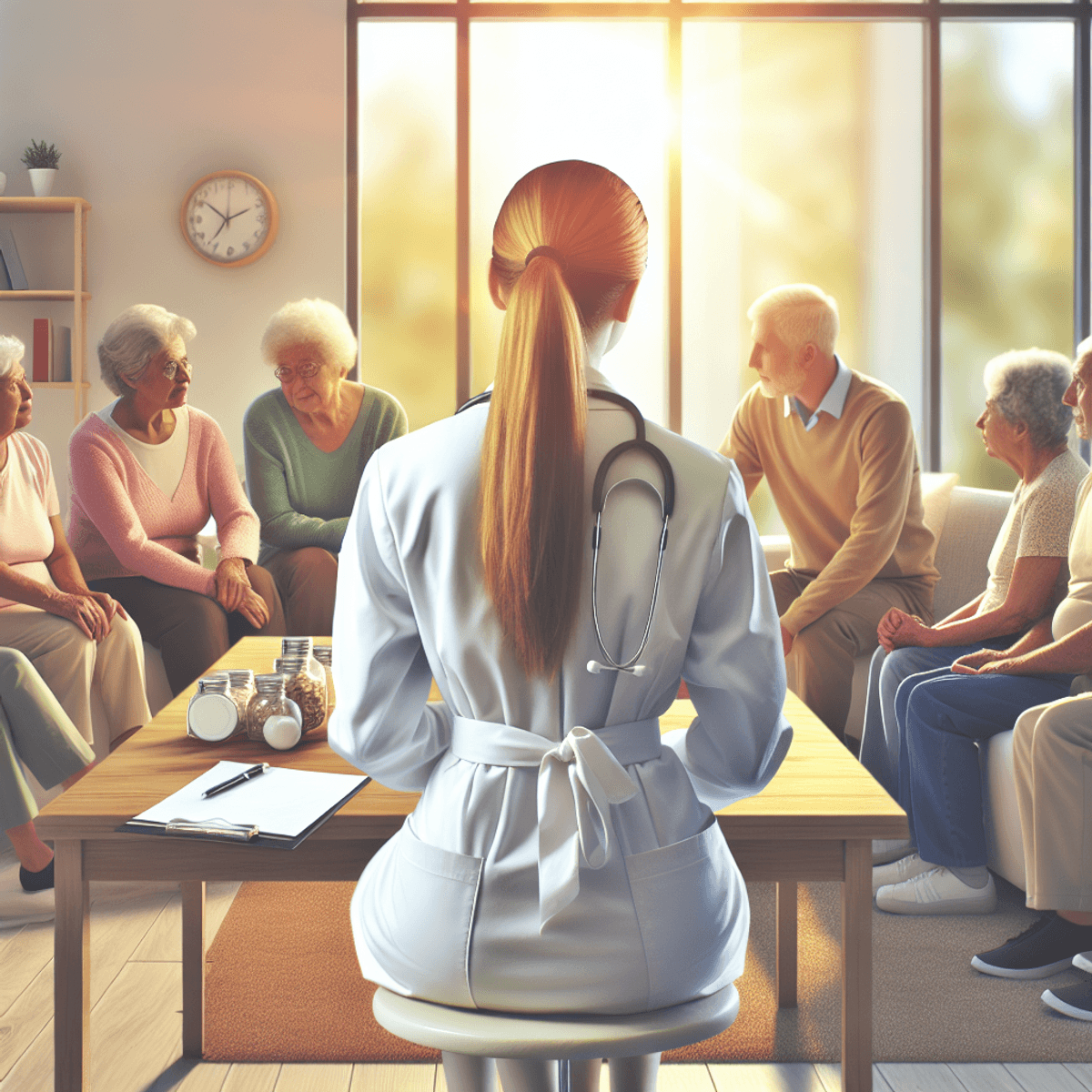 Transform Your Hospital's Future with Disha Arogya Dham 6 एक दयालु स्वास्थ्य पेशेवर, जो कि काकेशियन जाति का है, विभिन्न उम्र और जातीय समूहों के लोगों के साथ बातचीत करते हुए एक उज्ज्वल और आरामदायक क्लिनिक के वातावरण में मौजूद हैं। यह दृश्य रोगी-केंद्रित देखभाल और समग्र स्वास्थ्य दृष्टिकोण के सिद्धांत को दर्शाता है। स्वास्थ्य पेशेवर के चारों ओर मरीजों के बीच की सामंजस्यपूर्ण बातचीत, स्टेथोस्कोप, मरीजों की चार्ट्स, आरामदायक कुर्सियाँ और गर्म रंगों जैसे अर्थपूर्ण प्रतीकों और वस्तुओं से भरा हुआ है।