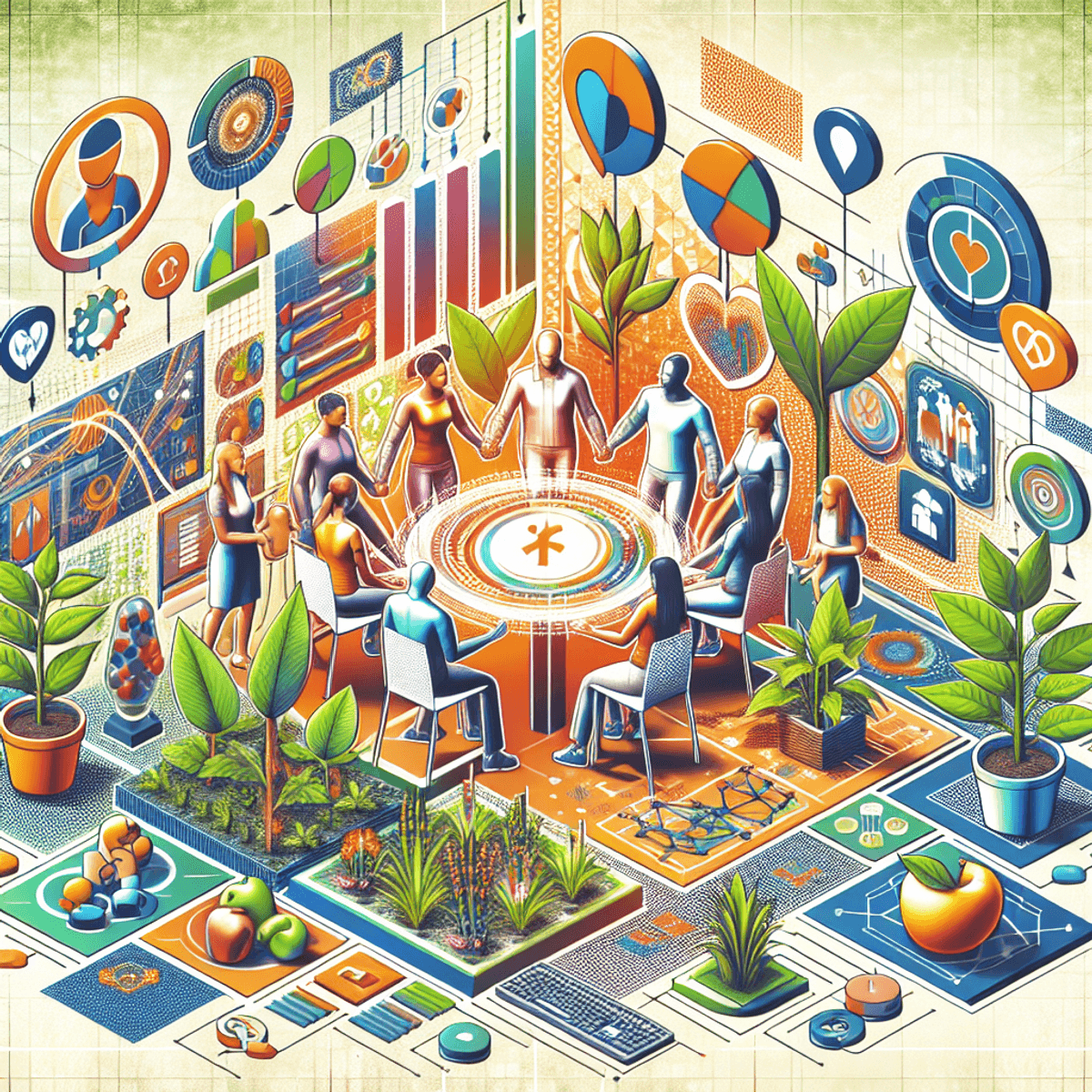 Transform Your Hospital's Future with Disha Arogya Dham 5 एक जीवंत सामुदायिक स्वास्थ्य सेटिंग का चित्र, जिसमें विभिन्न जातियों के लोग जैसे काकेशियन और हिस्पैनिक एक साथ सहयोग कर रहे हैं। वातावरण में स्वास्थ्य और सशक्तिकरण के प्रतीकों से भरा हुआ है, जिसमें स्वस्थ पौधे, स्वास्थ्य प्रगति ग्राफिक्स और सकारात्मक मानव इंटरैक्शन शामिल हैं।