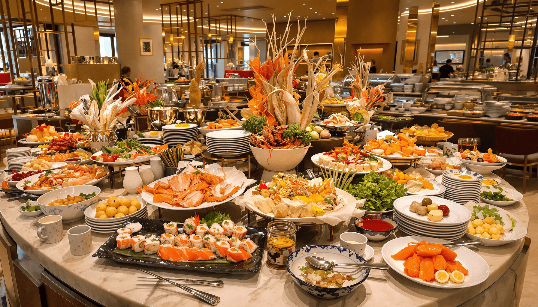 Seaport Buffet – All-You-Can-Eat Seafood & Asian Fare 2025 2 Buffet spread with seafood, sushi, Asian dishes, and desserts on elegant platters in a modern restaurant with warm lighting.