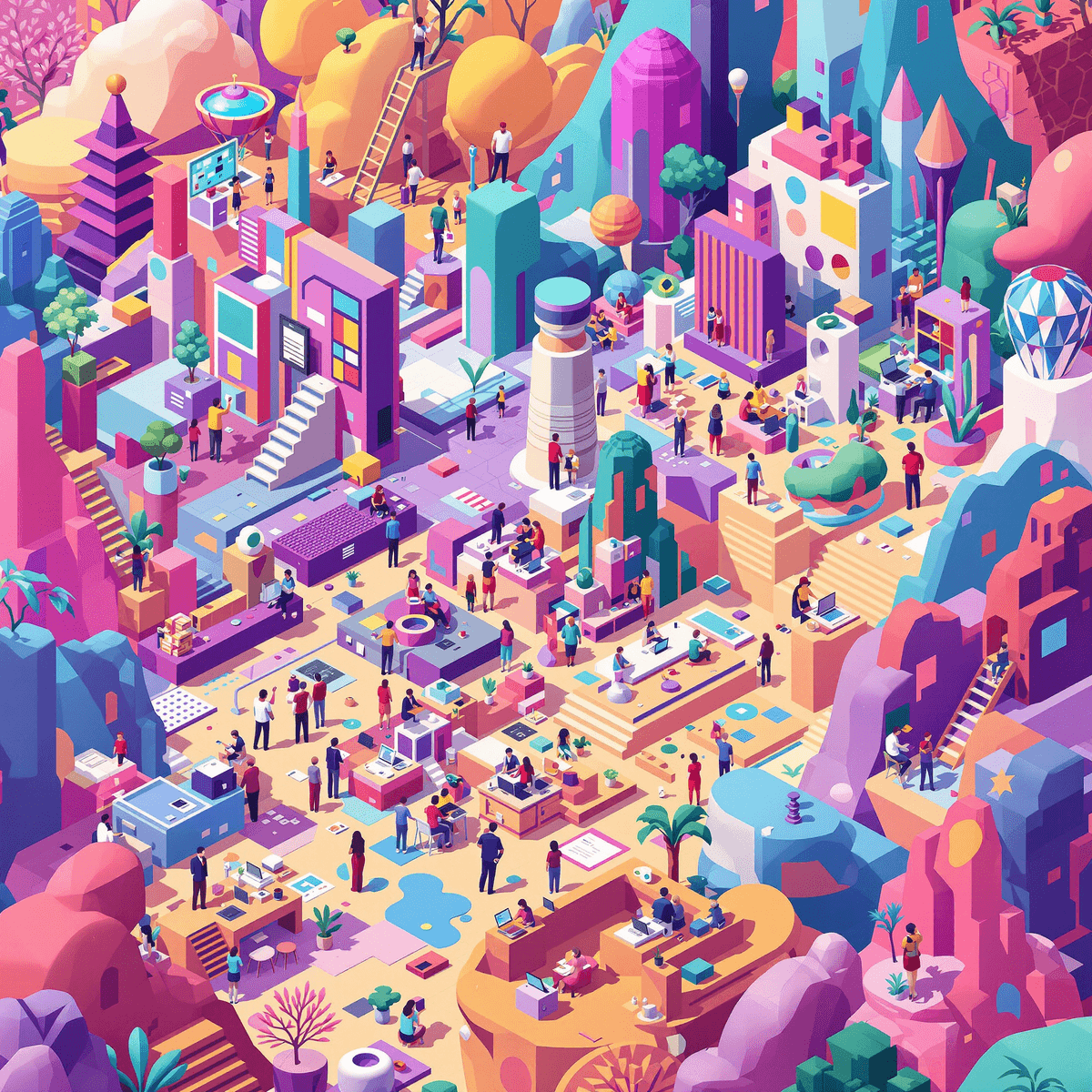 A colorful digital landscape depicting abstract 3D environments with avatars working, collaborating, and creating, surrounded by symbols of technology and creativity.