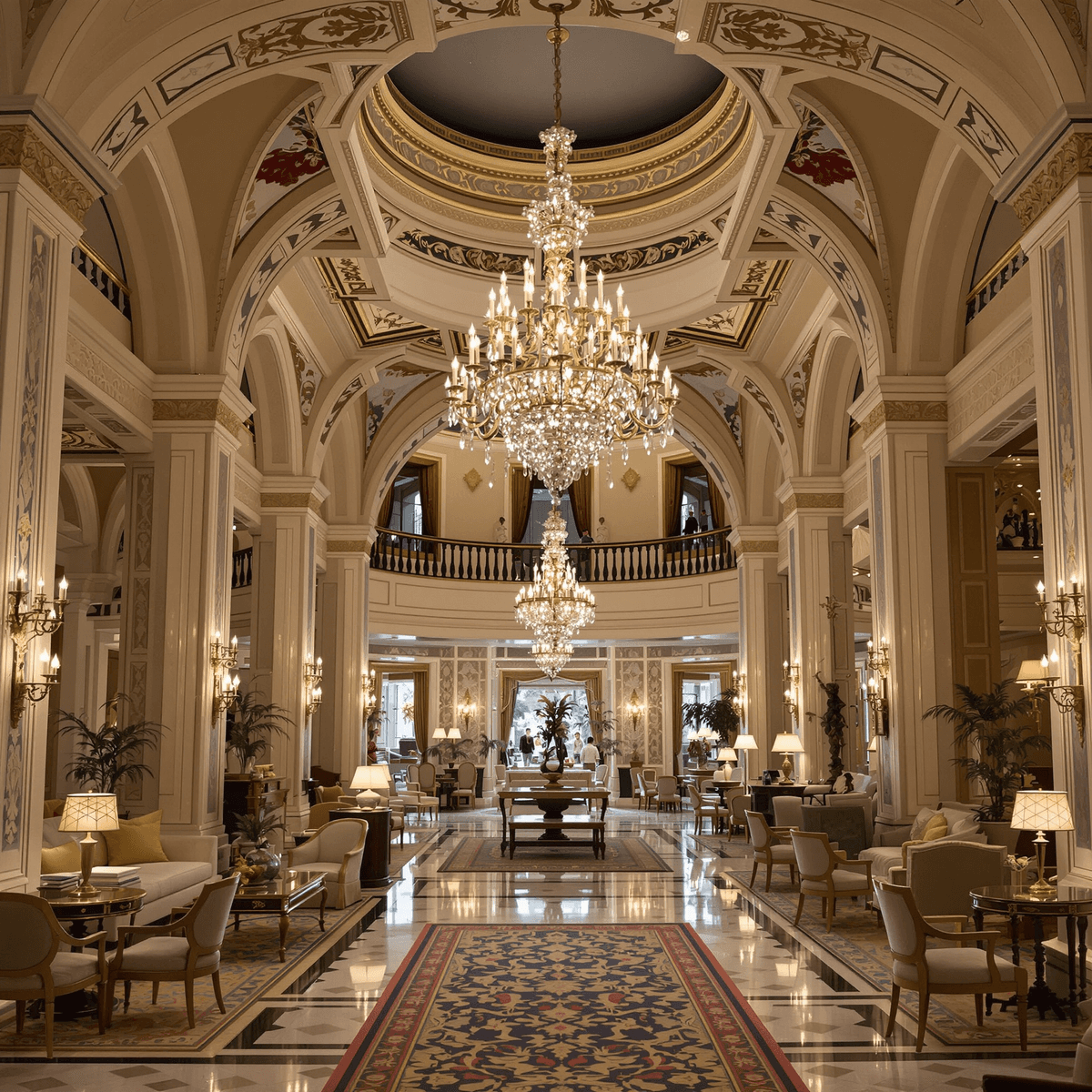 Luxurious hotel lobby with elegant chandeliers, intricate architecture, and plush furnishings blending classic grandeur with modern sophistication.