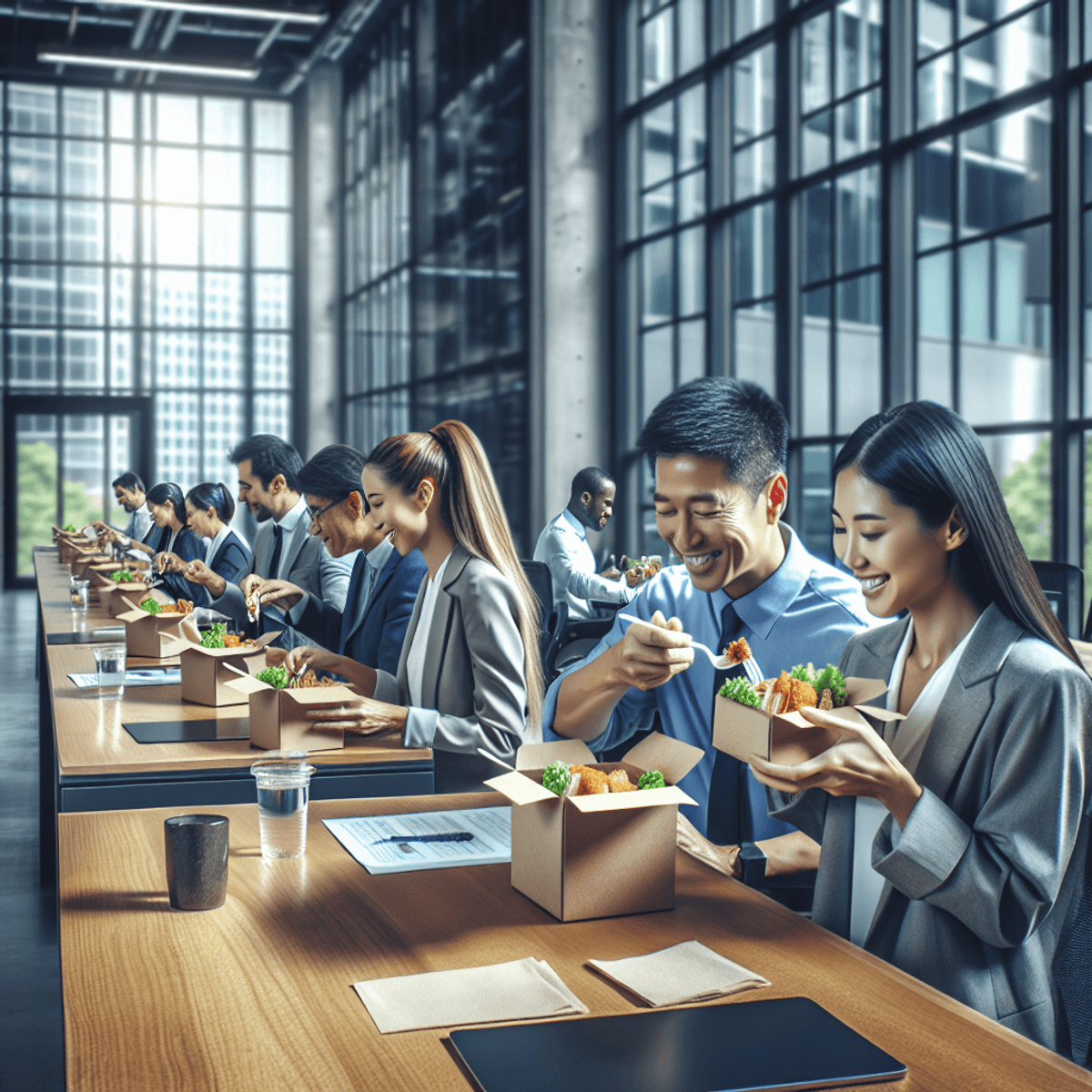 A diverse group of Asian and Caucasian office workers, both men and women, are seated at modern workstations enjoying healthy boxed meals. Their expressions are joyful and engaged as they share smiles and laughter, highlighting a sense of camaraderie. The workspace is bright and contemporary, with plants and natural light contributing to a positive atmosphere. Colorful, nutritious meals are displayed in front of them, emphasizing wellness and the importance of healthy eating for productivity.