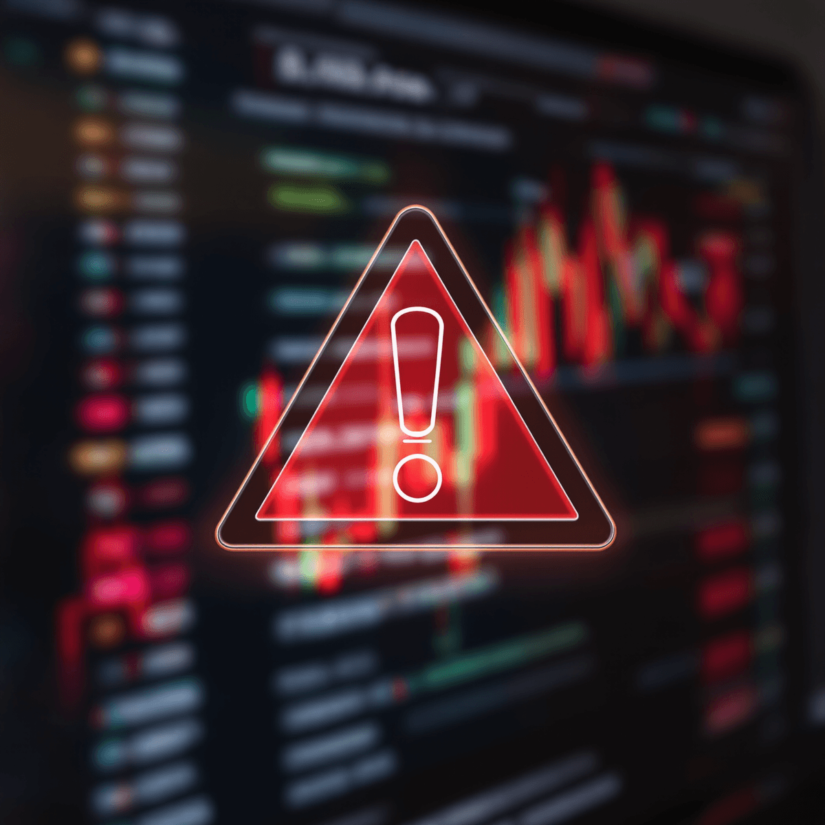 A warning sign over a blurred cryptocurrency trading screen on a dark background, highlighting caution and risk in online investments.
