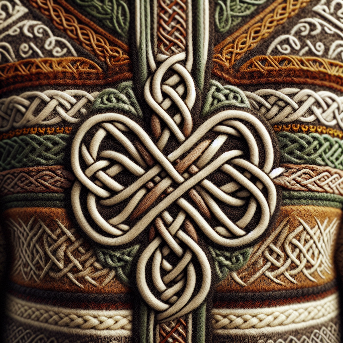 An image of a close-up, embroidered Celtic knot on traditional Irish clothing.