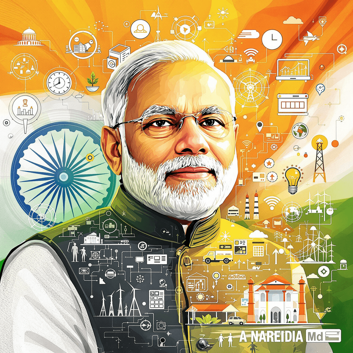 नरेंद्र मोदी का चित्र, भारतीय ध्वज के साथ, पृष्ठभूमि में डिजिटल आइकनों, स्वच्छ ऊर्जा और बुनियादी ढांचे के प्रतीकों के साथ, उनकी नेतृत्व की यात्रा को दर्शाता है।