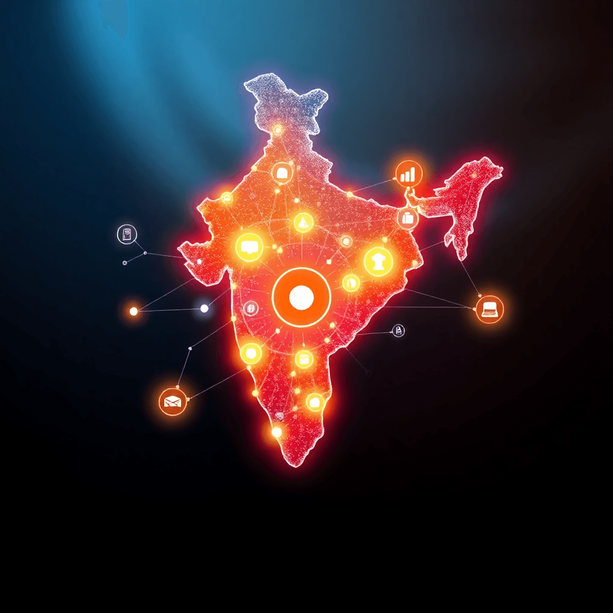 भारत का चमकदार नक्शा, डिजिटल नोड्स और तकनीकी आइकॉन्स के साथ, भारतीय ध्वज के रंगों की पृष्ठभूमि में आधुनिक डिजिटल भारत का चित्रण।