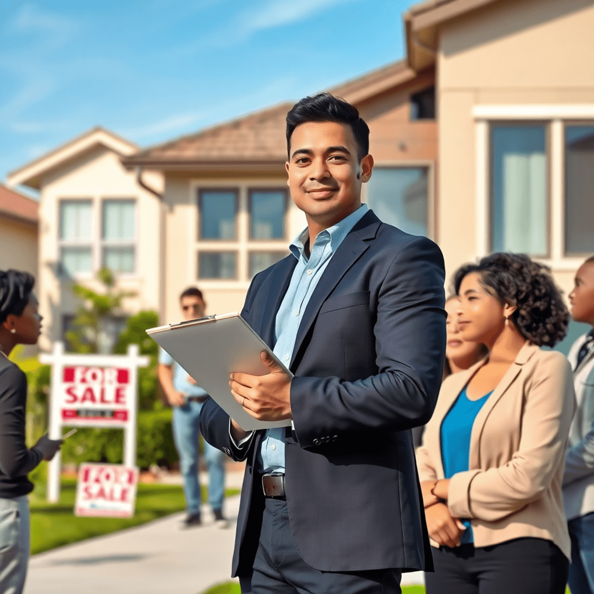 A confident real estate agent stands in front of a modern home, holding a clipboard while discussing property investment with a group of diverse investors in a vibrant neighborhood.