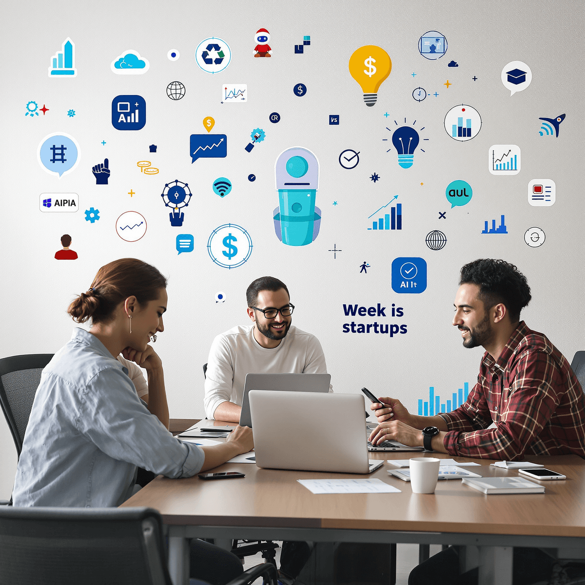 Entrepreneurs Entrepreneurs collaborating in a modern office with laptops, surrounded by icons of technology, AI, funding, and graphs, symbolizing innovation and business planning.