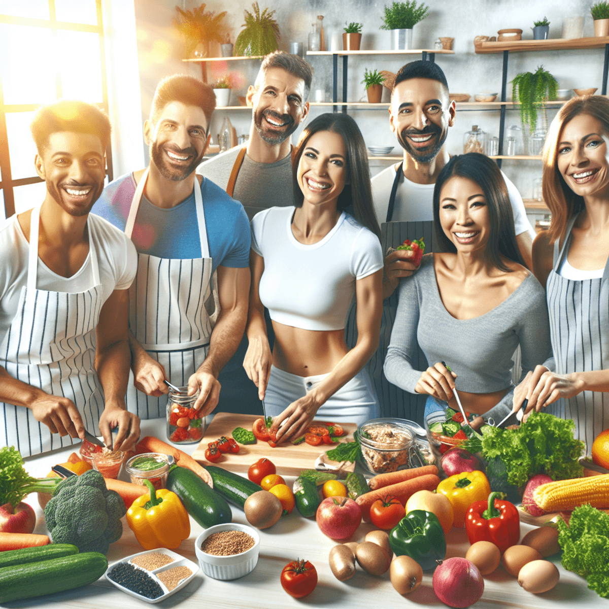 A diverse group of individuals, including Caucasians, Hispanics, and Asians, happily preparing healthy meals in a bright kitchen filled with colorful fruits and vegetables. The countertop is adorned with measuring cups and portioned containers, highlighting their commitment to structured eating habits. The scene radiates positivity and teamwork, reflecting their dedication to nutritious cooking and weight loss goals.