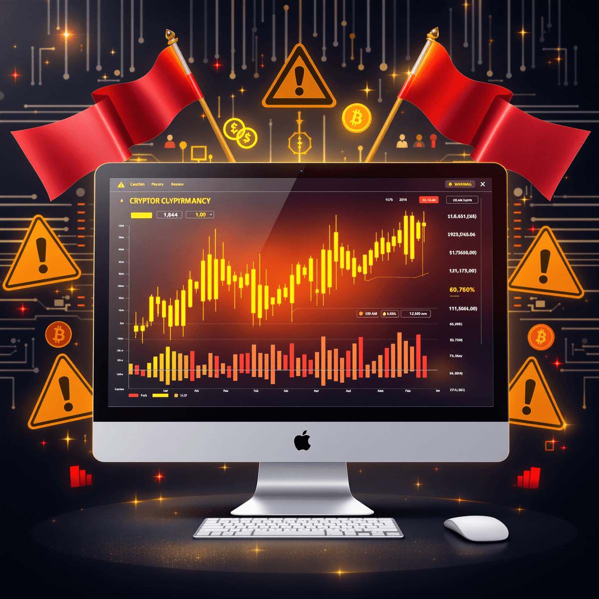 A computer screen shows cryptocurrency charts and graphs, surrounded by red flags and caution signs, with circuit patterns and digital currency icons in the background.
