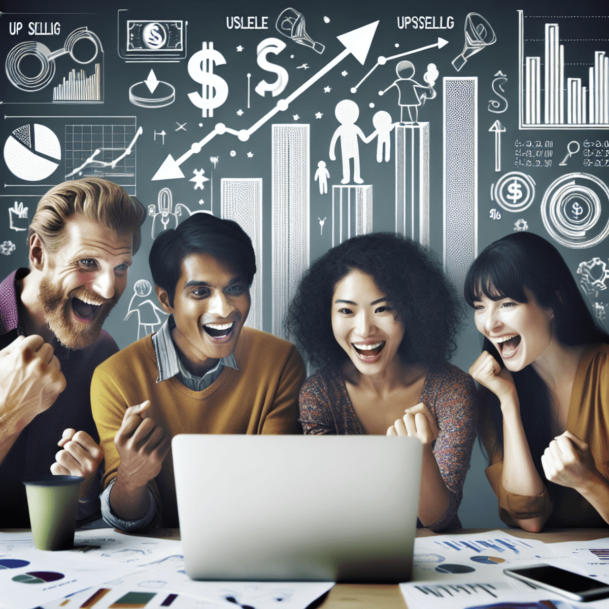 A multiracial group of three entrepreneurs, consisting of a Caucasian man, an Asian woman, and a Hispanic woman, gathered around a laptop, smiling and animatedly discussing online business strategies. The scene captures their enthusiasm as they point at the screen, with bar charts and line graphs subtly visible in the background alongside iconic money symbols like dollar and pound signs, emphasizing themes of financial profitability and business success.