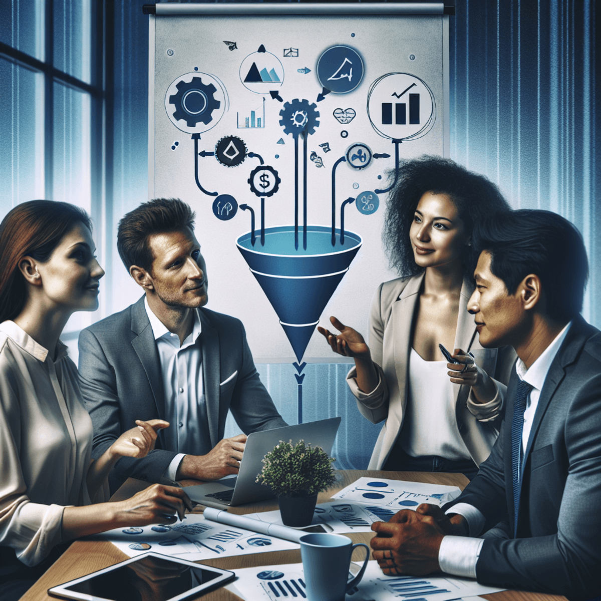 A group of four diverse business professionals, including a Caucasian man, a Hispanic woman, a Black woman, and a South Asian man, are gathered in a modern office. They are engaged in a lively discussion around a sales funnel diagram on a whiteboard. The atmosphere is collaborative and innovative, with the professionals animatedly sharing ideas. In the background, there are charts and graphs illustrating growth and success in online business, enhancing the theme of teamwork and progress.