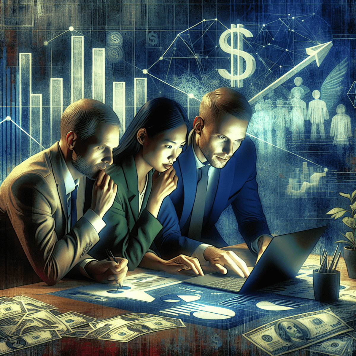 Three individuals of diverse descents—Caucasian, Asian, and Hispanic—huddle closely around a laptop, focused intently on their work. They are engaged in a strategic collaboration, with expressions of concentration and determination. Surrounding them are symbols of financial success, including vibrant growth charts and scattered dollar bills, creating an atmosphere of online business prosperity.