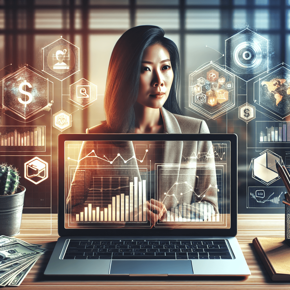 A contemporary digital workspace featuring a confident Asian businesswoman analyzing data on a laptop displaying symbolic graphs and charts related to online marketing success. Surrounding her are elements like paper currency and icons representing digital marketing. The overall atmosphere conveys positivity and productivity, highlighting growth and profitability in the digital landscape.