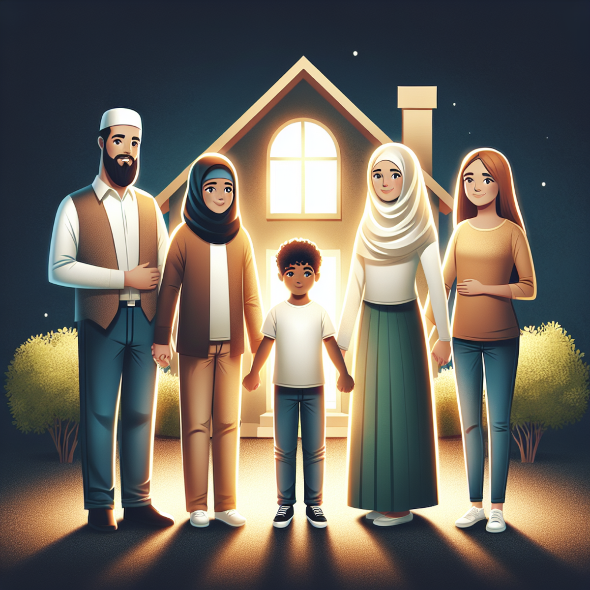 A diverse family of four standing in front of a house, symbolizing the importance of life insurance in ensuring the well-being of family.