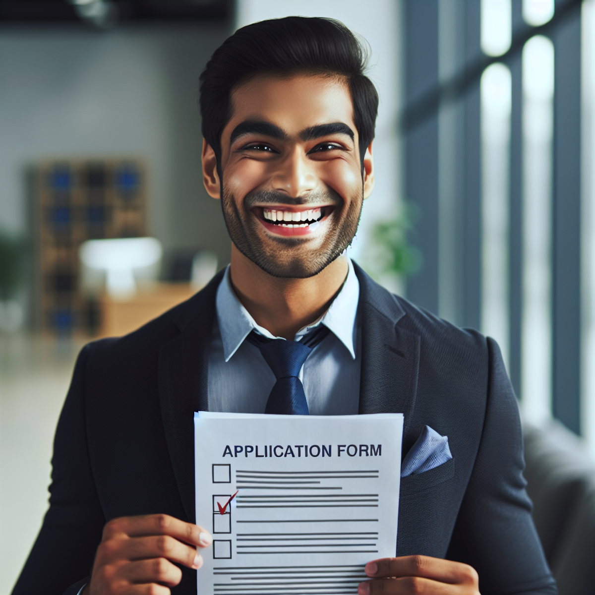Happy businessman holding application form in office.