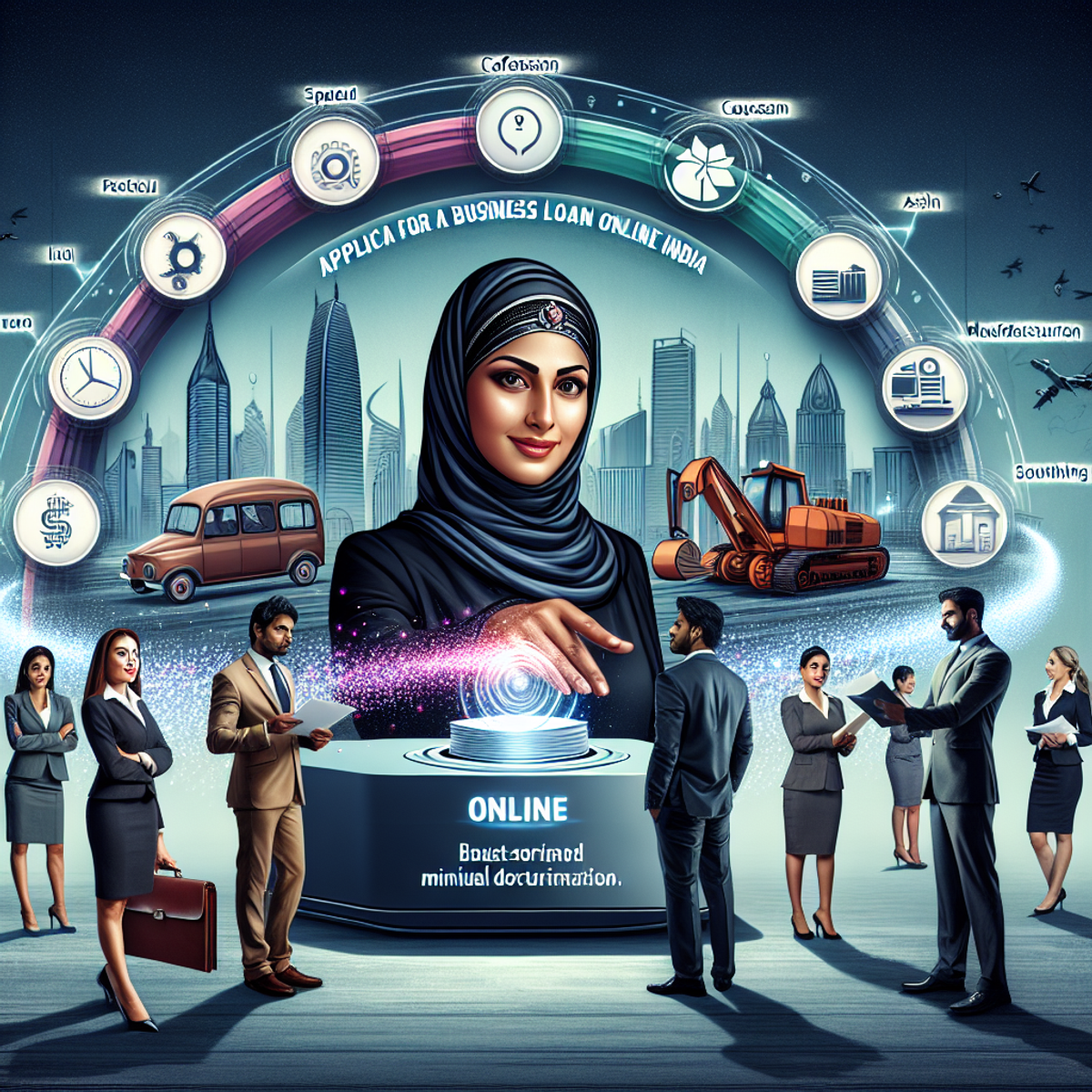 A Middle-Eastern woman using a futuristic device to apply for a business loan online, with spheres of light representing customized offers reaching a diverse group of people.