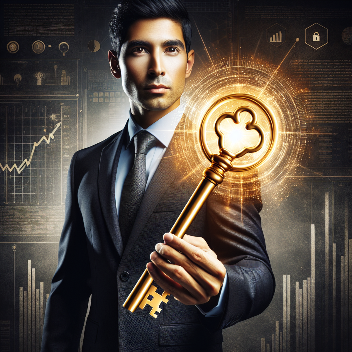 A South Asian businessman in a well-tailored suit and tie, holding a large golden key, exuding confidence and determination.