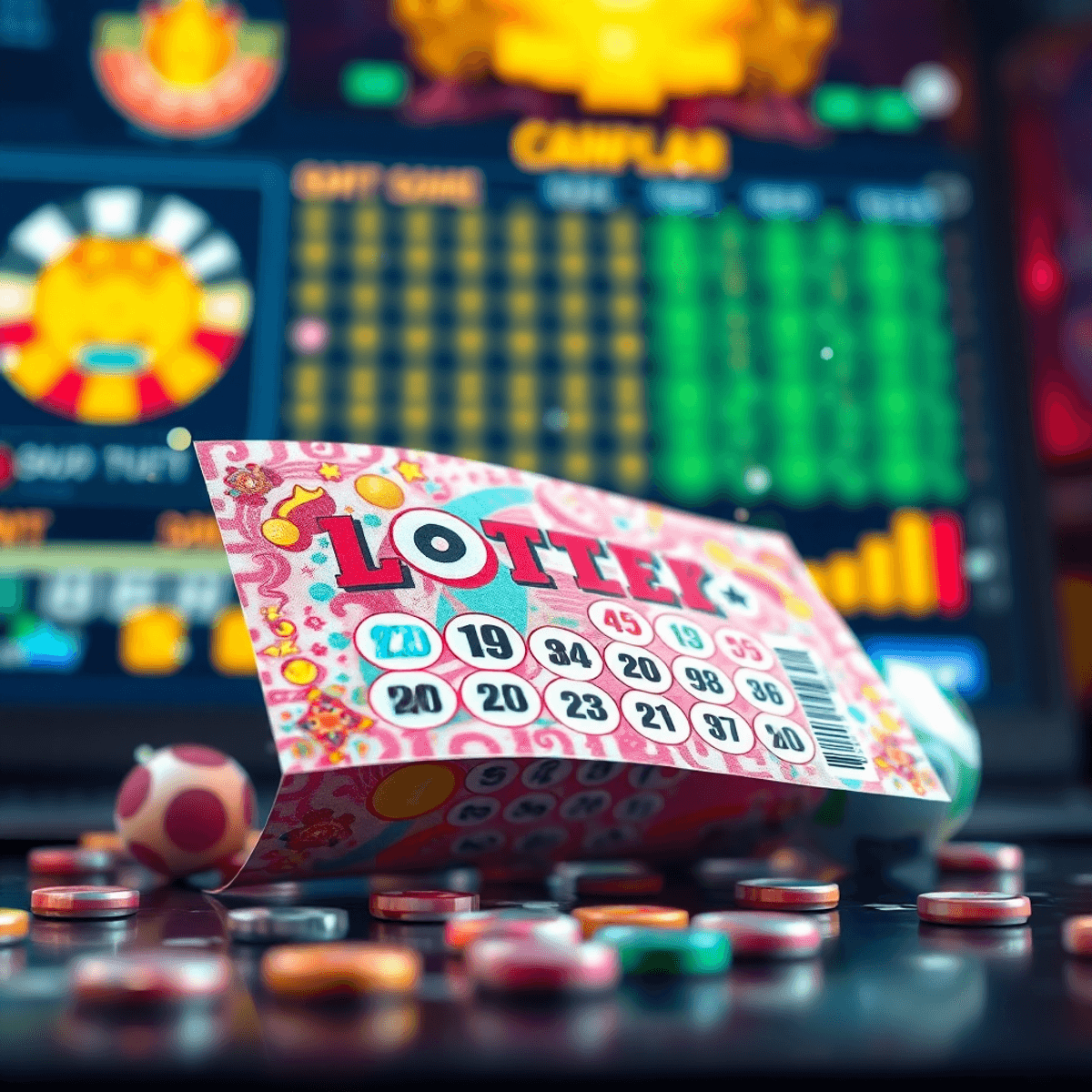 VIPwin - Một tấm vé số sặc sỡ với các thiết kế và biểu tượng đầy màu sắc, được bao quanh bởi các yếu tố kỹ thuật số và một giao diện trò chơi hiện đại mờ ảo ở phía sau, truyền tải sự phấn khích.