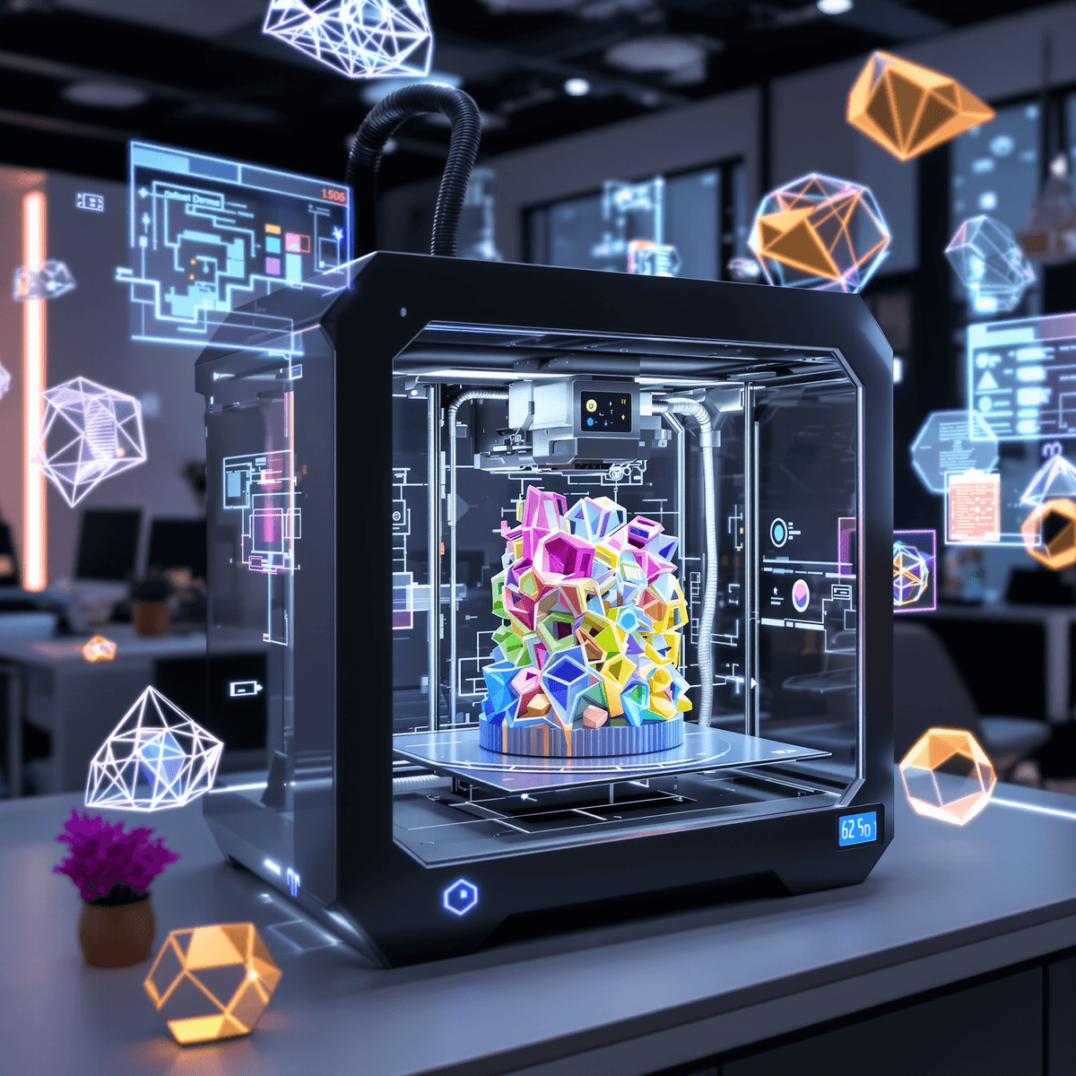 Futuristic workspace with a sleek 3D printer building a colorful object, surrounded by floating digital blueprints and glowing geometric shapes.