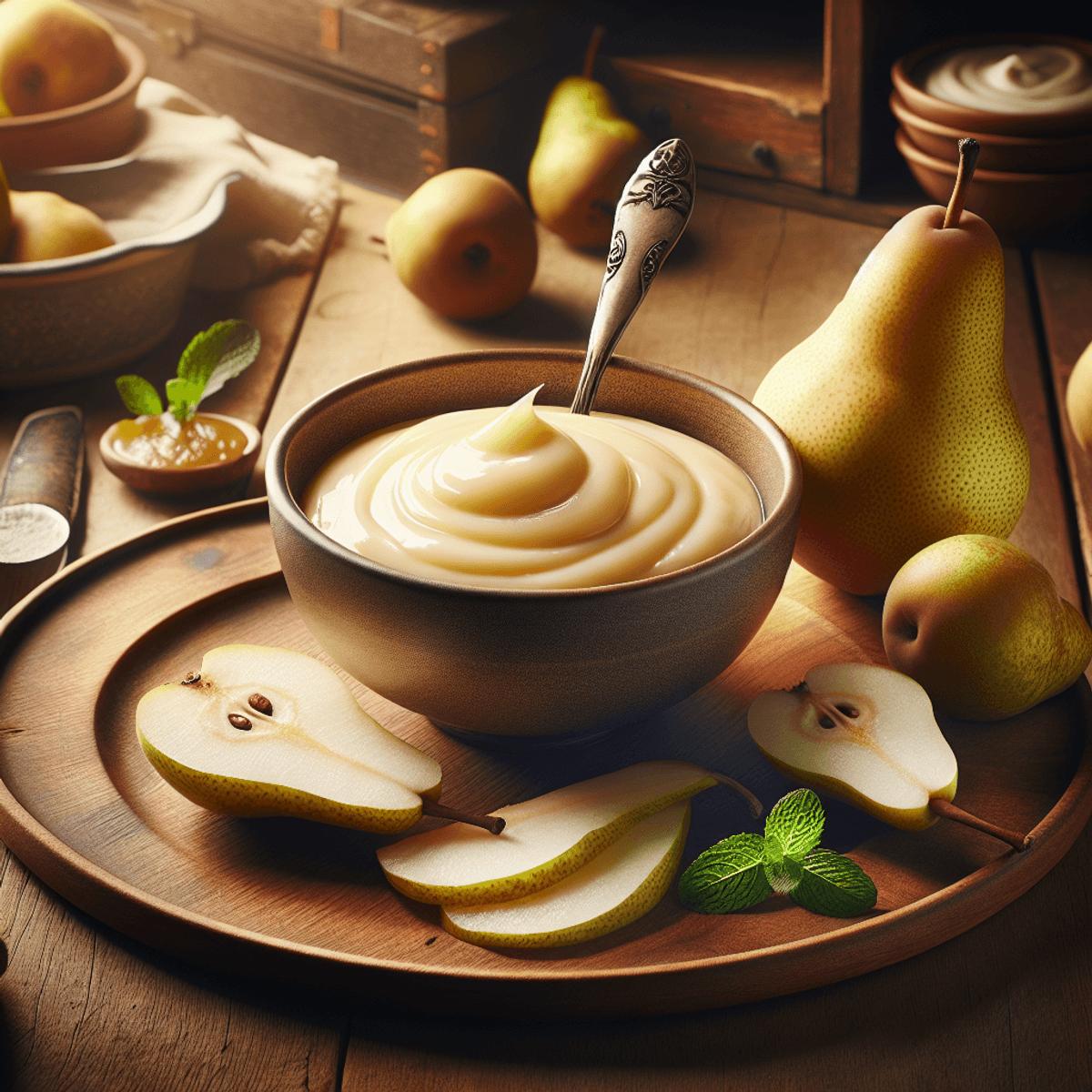 A rustic wooden table in a warm kitchen, featuring a bowl of smooth, creamy pear sauce with a spoon inside, surrounded by fresh ripe pears and garnished with sprigs of mint.
