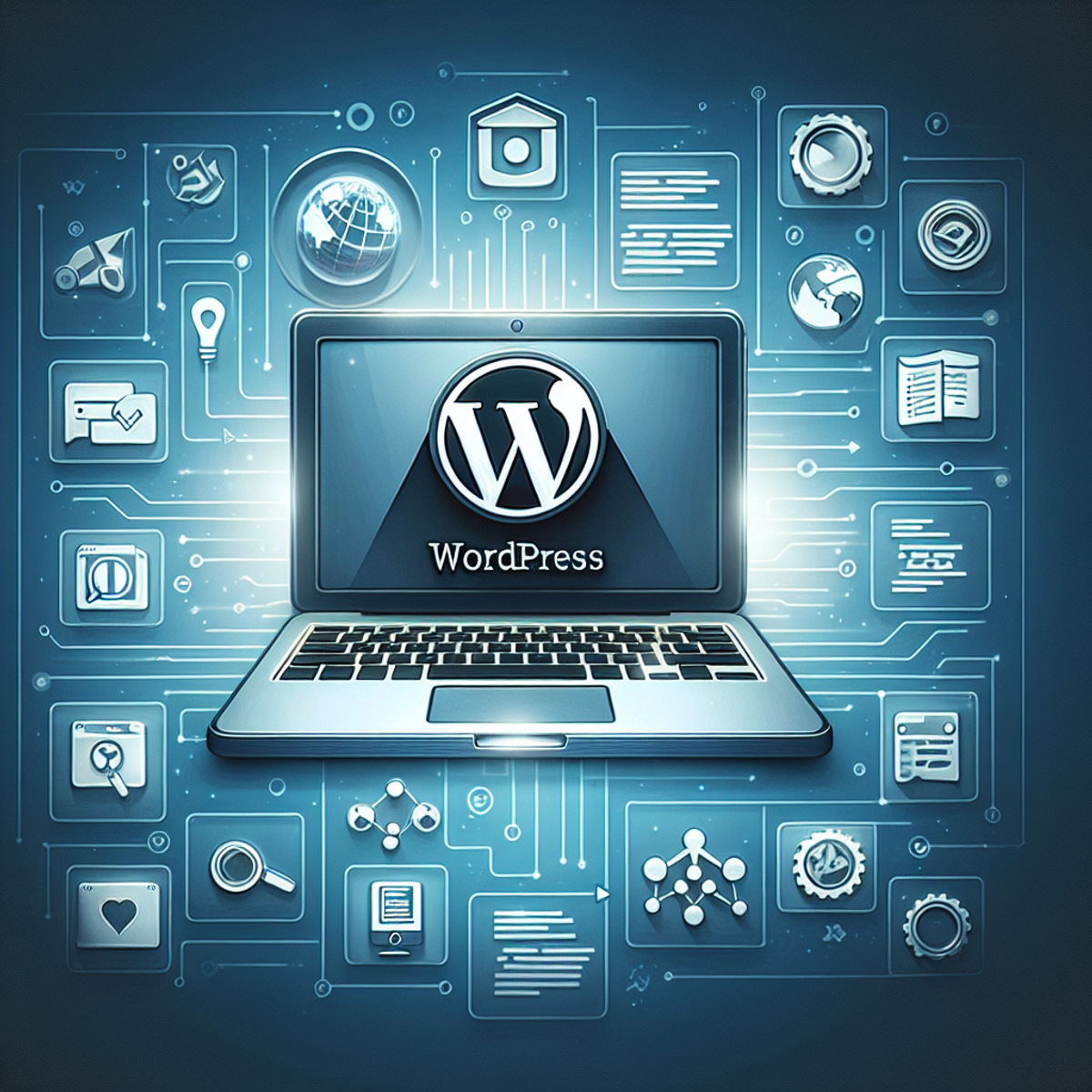 An open laptop with a simplified WordPress symbol on the screen, surrounded by digital icons representing website elements and tools.