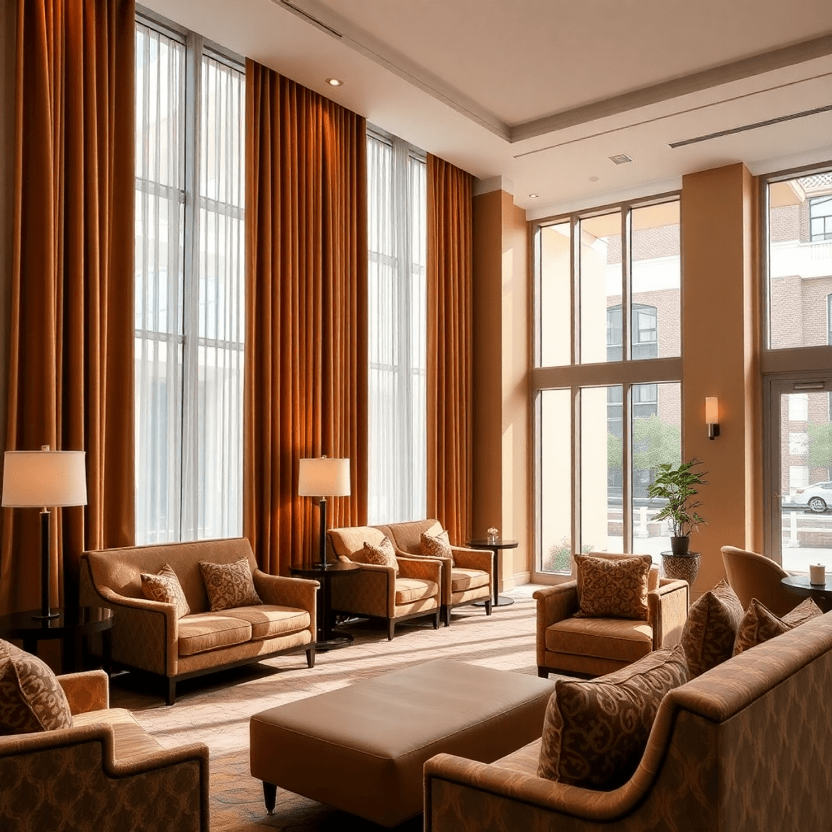 Lobby de hotel luxuoso com cortinas elegantes, móveis estofados e confortáveis, e luz natural suave realçando as texturas sofisticadas em um ambiente acolhedor e convidativo.