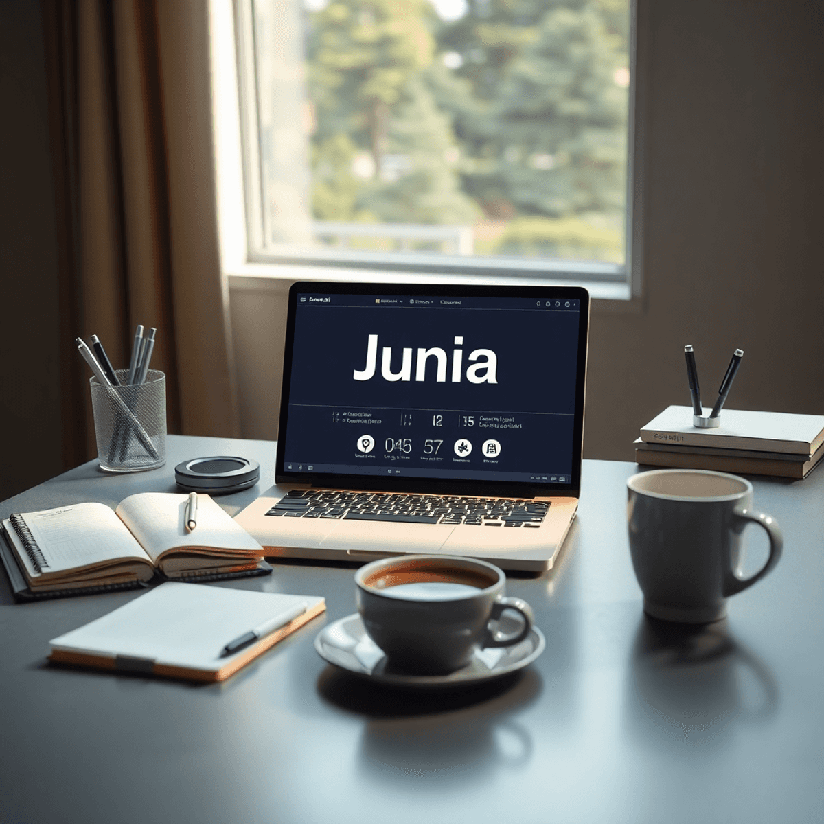 A modern workspace with a laptop showing an AI interface, surrounded by notebooks, pens, and a coffee cup, illuminated by soft natural light.