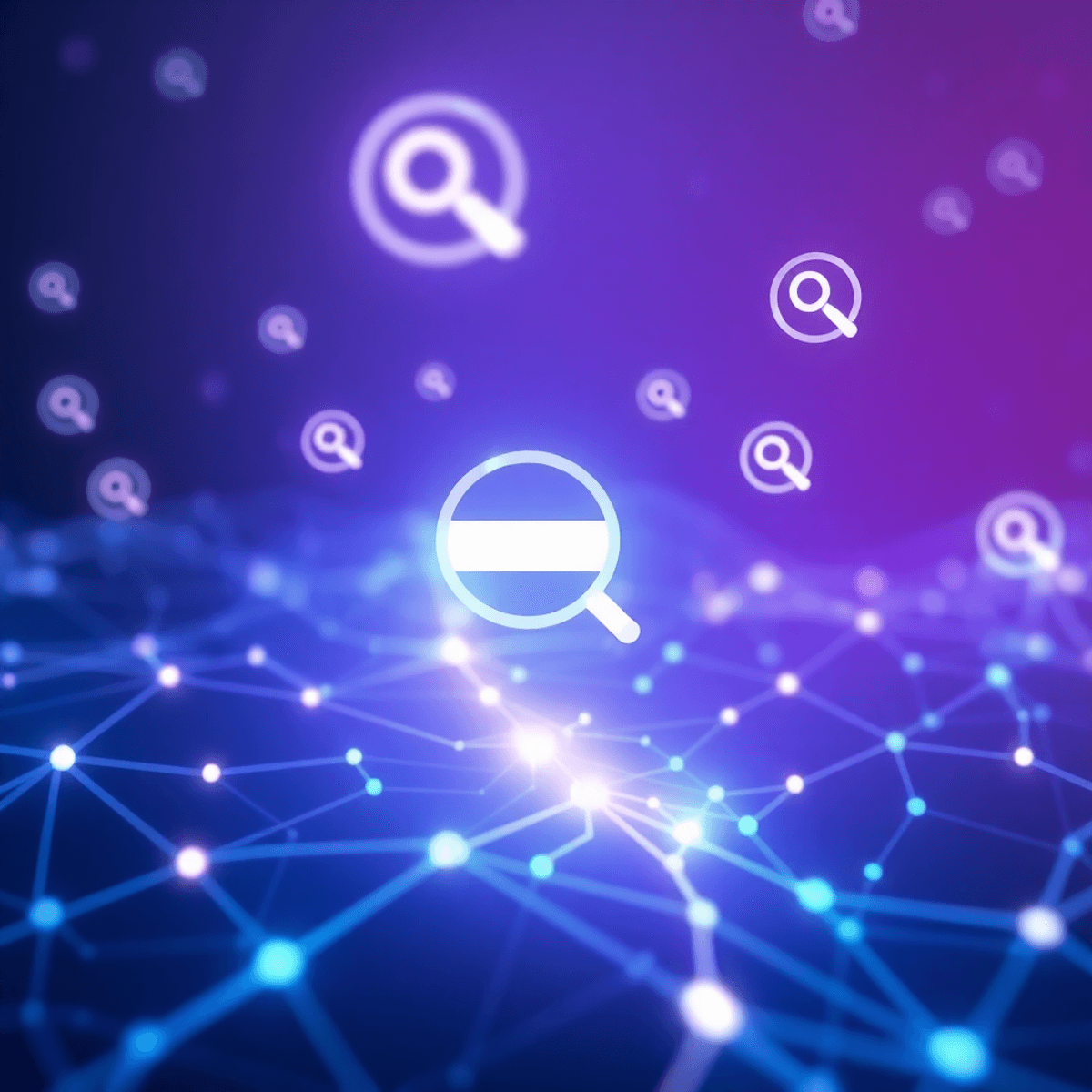 What is Semantic Search? Turn Complex Queries into Perfect Results in 2026 7 Futuristic digital landscape with glowing neural network connections and floating magnifying glasses in blue and purple tones, symbolizing advanced technology and data search.