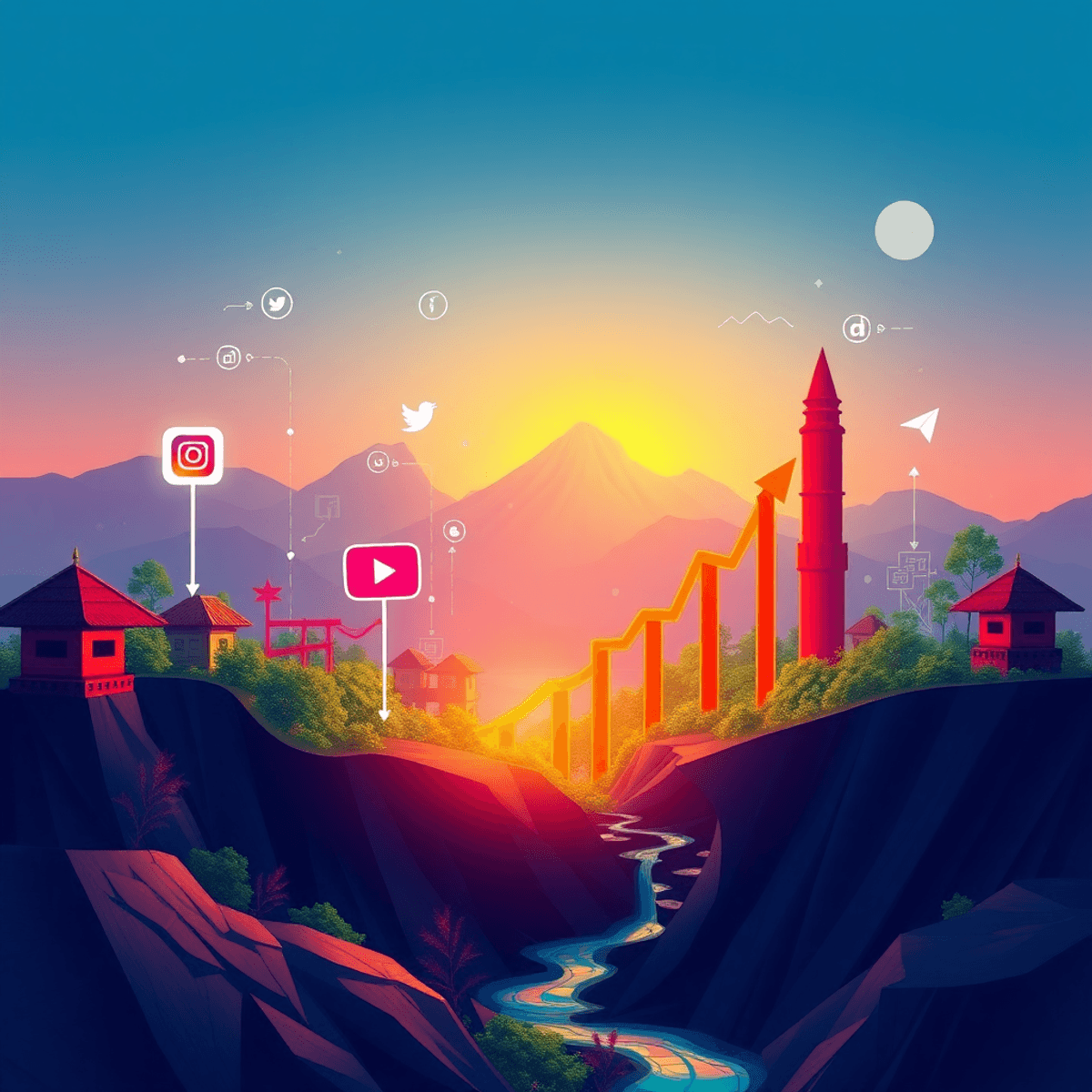 A colorful digital landscape blending traditional Nepali culture with modern symbols of influencer marketing, featuring social media icons and growth elements like arrows and graphs.