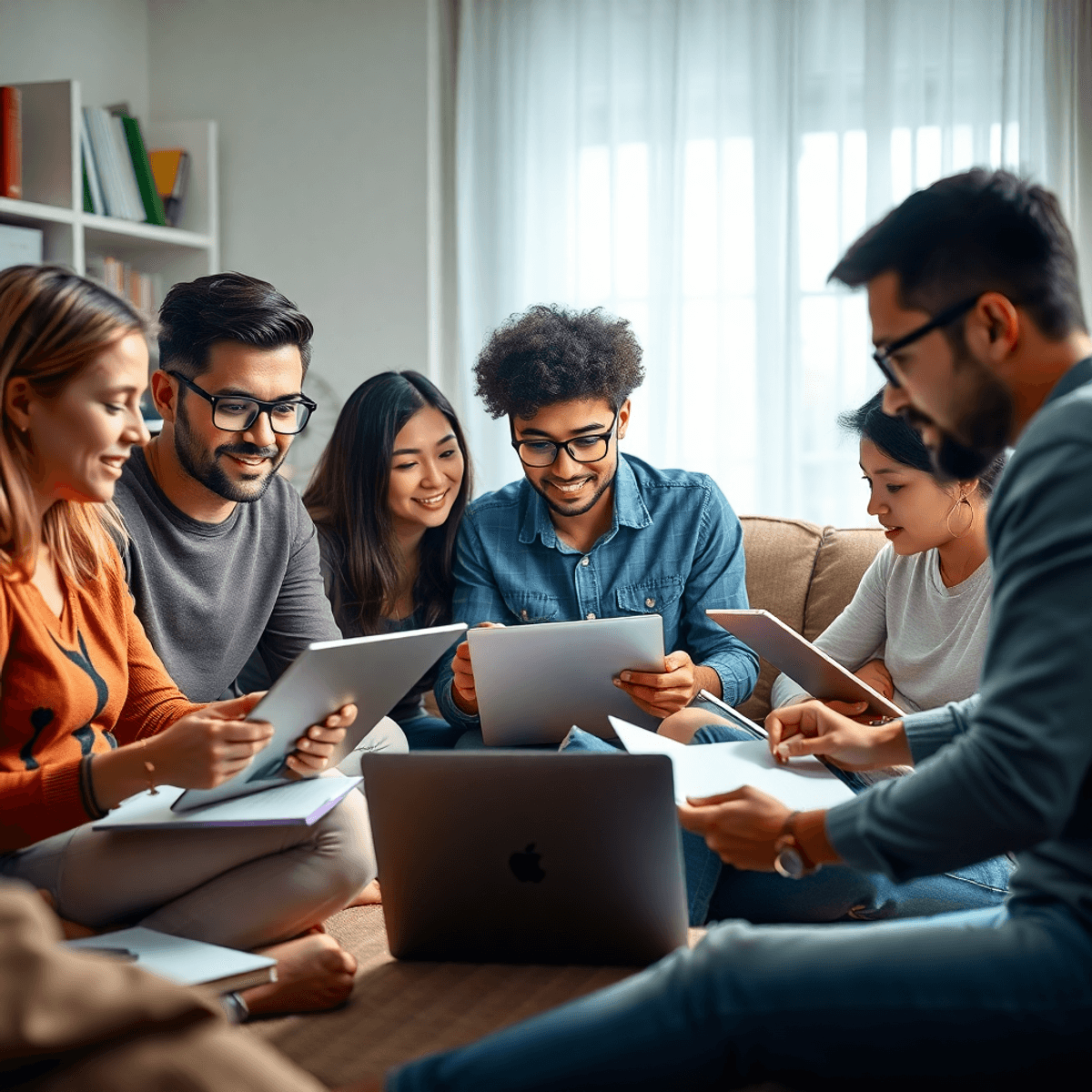 A group of beginners studying together at home, focused on laptops and notes scattered around, creating a collaborative and engaging learning environment.