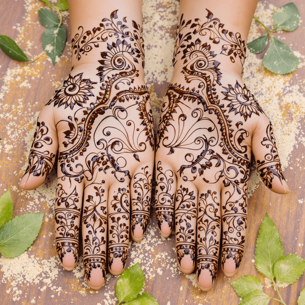 Close-up of detailed henna designs on hands with brown patterns, surrounded by henna powder and green leaves on a wooden surface.