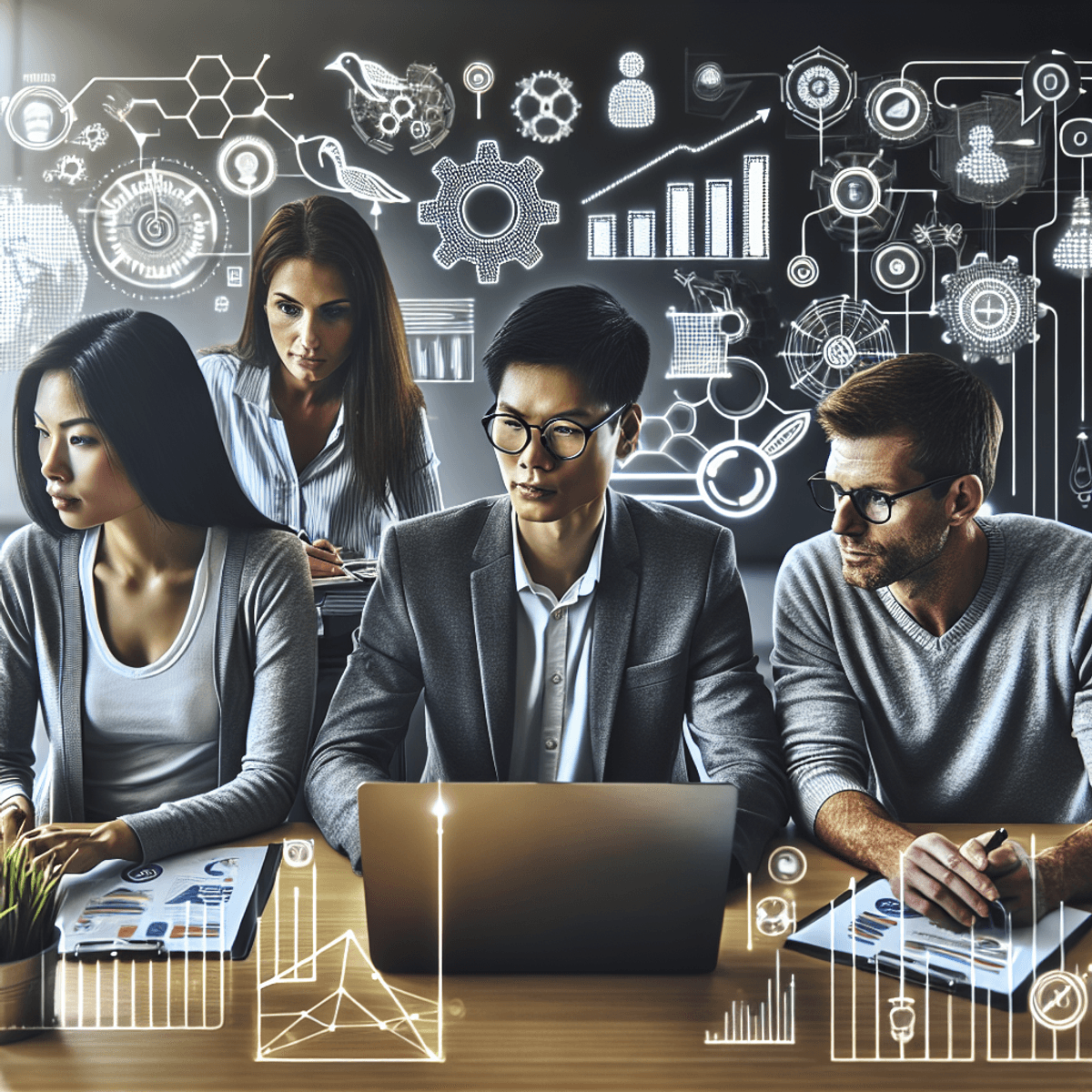 A diverse group of digital marketing professionals in a modern office setting, featuring a Caucasian male, an Asian female, and a Hispanic male, all intently studying SEO strategies on a laptop. The background showcases a whiteboard filled with abstract symbols and shapes representing digital marketing data charts and graphs. The scene conveys collaboration, focus, and shared expertise, with visual elements suggesting access to digital SEO tools similar to Ahrefs. The image is rendered in a realistic style with rich detail.