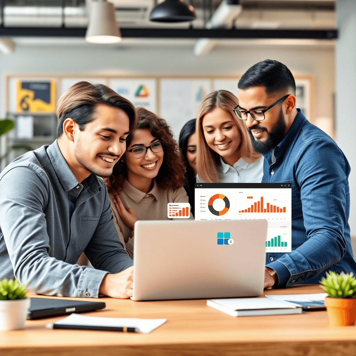 A group of digital marketers collaborates around a laptop, analyzing colorful charts and SEO icons in a vibrant office setting, showcasing teamwork and creativity.