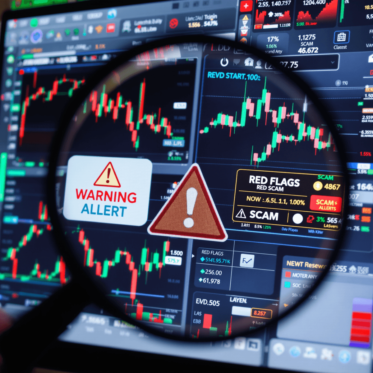 Close-up of a computer screen showing cryptocurrency charts and graphs, with a magnifying glass highlighting warning signs and scam alerts against a digital-themed background.