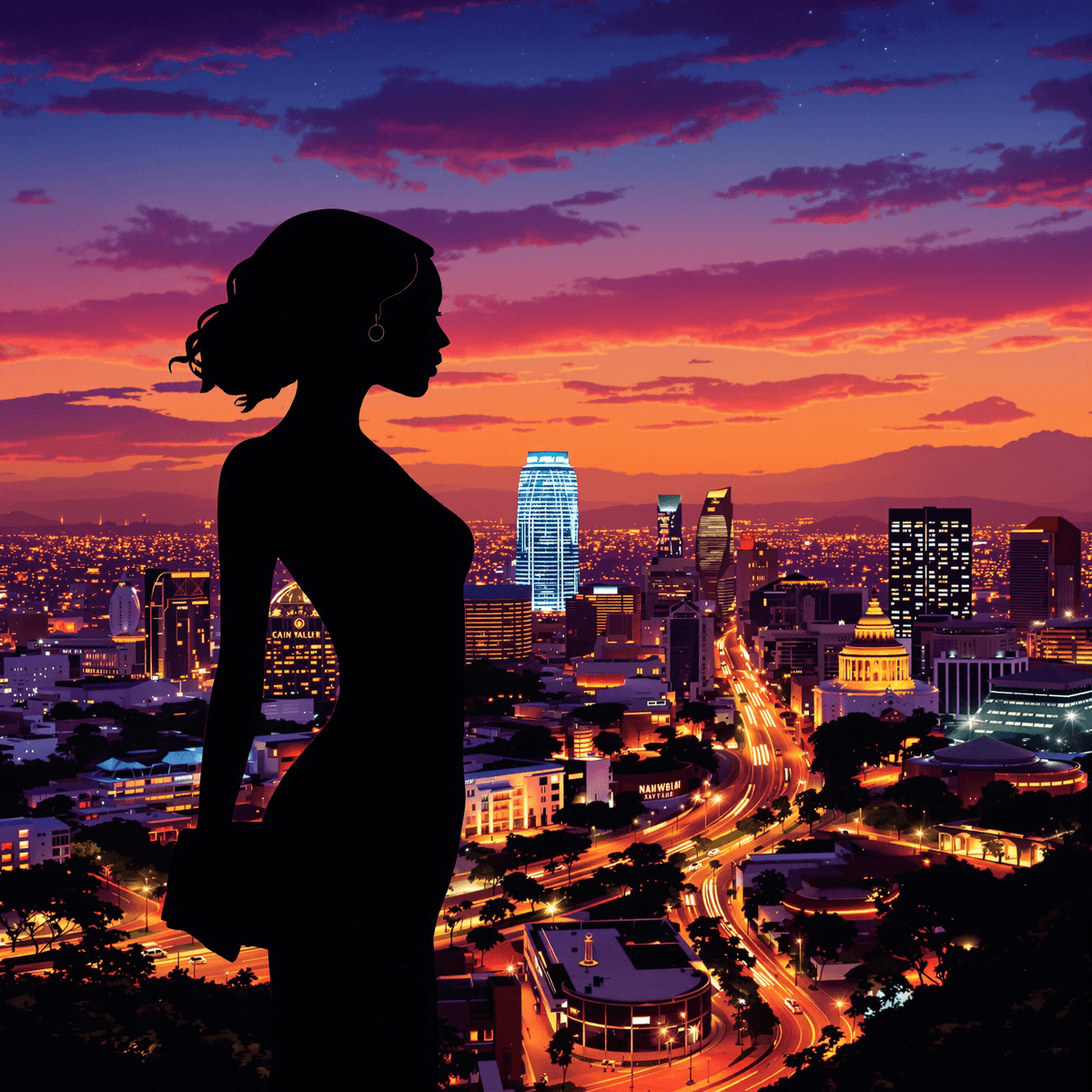 Ultimate tips for dating escorts in Nairobi A stylish silhouette of a woman holding a clutch in the foreground, with a vibrant Nairobi cityscape at dusk showcasing iconic landmarks and modern buildings.