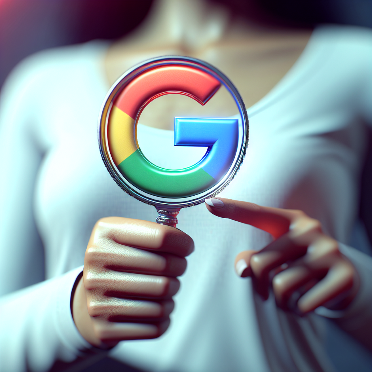 A person holding a magnifying glass with a multicolored 'g' logo.