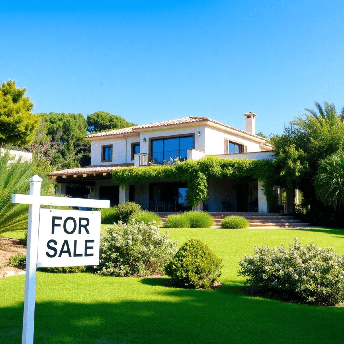 A modern Spanish villa with lush greenery and a "For Sale" sign in the foreground, set against a bright blue sky.