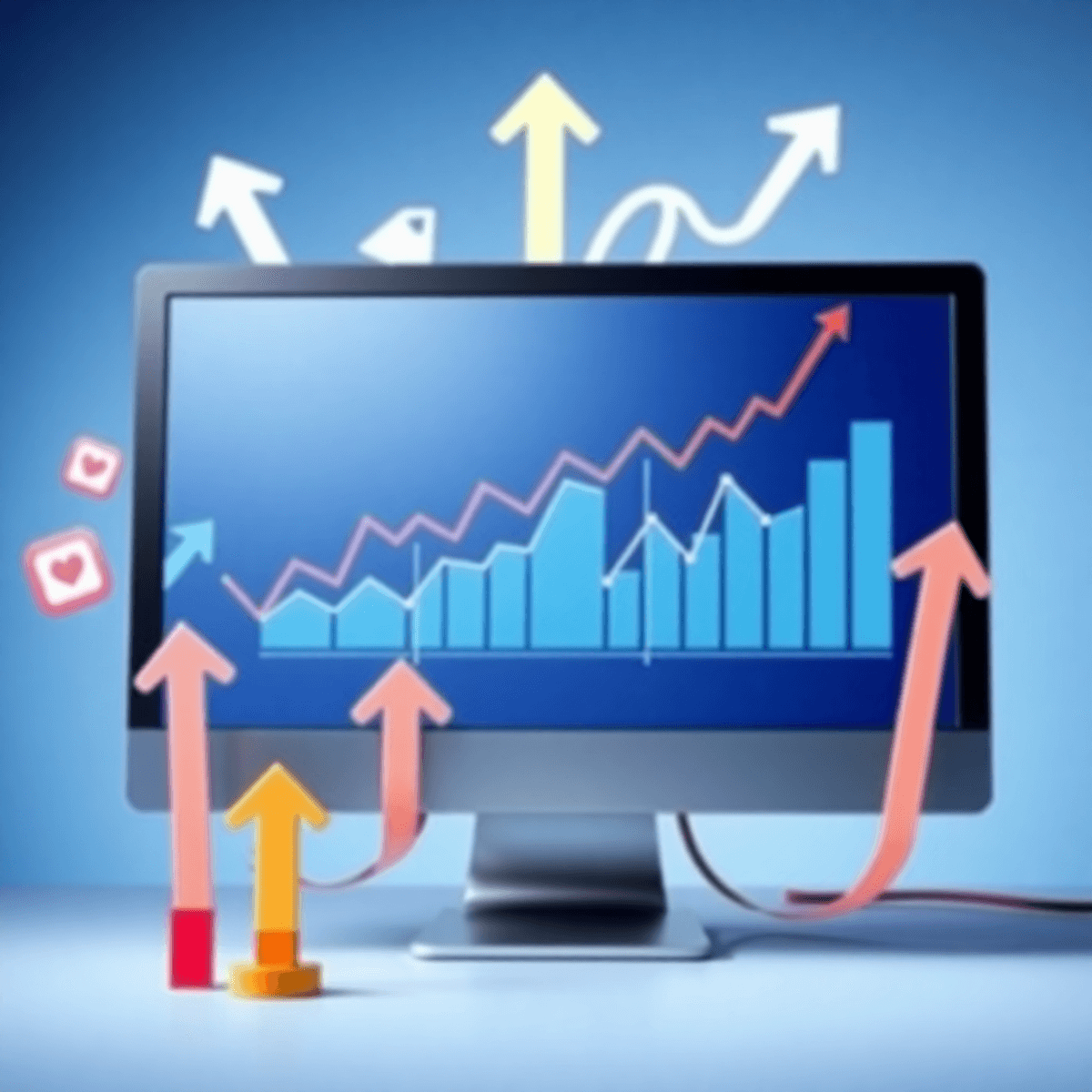 A computer screen shows colorful analytics and graphs of website traffic, surrounded by upward arrows and social media icons on a bright, inviting background.