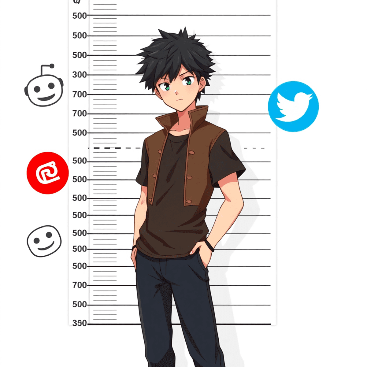 Anime-style young male character resembling Tanjiro stands confidently by height chart, surrounded by Reddit and Twitter icons symbolizing fan discussions.