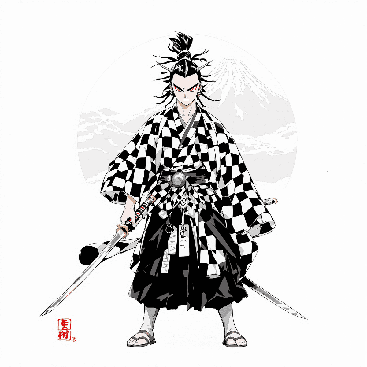 Tanjiro Kamado stands confidently with his sword, wearing a checkered haori, against a subtle Mt. Sagiri landscape background in a realistic style.