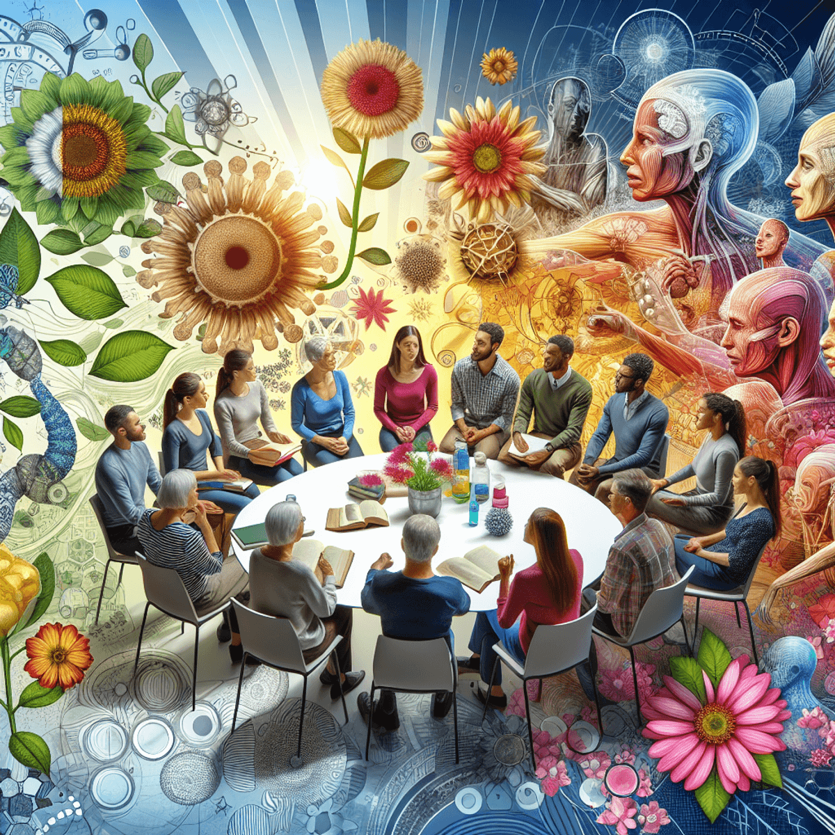 Age Restoration Reversing Life 2 A diverse group of three people—one Caucasian, one Hispanic, and one Asian—animatedly discussing aging and rejuvenation, surrounded by books and intricate scientific illustrations. The scene is infused with elements of nature like blooming flowers and warm sunlight, symbolizing youth and freshness amidst their deep conversation.